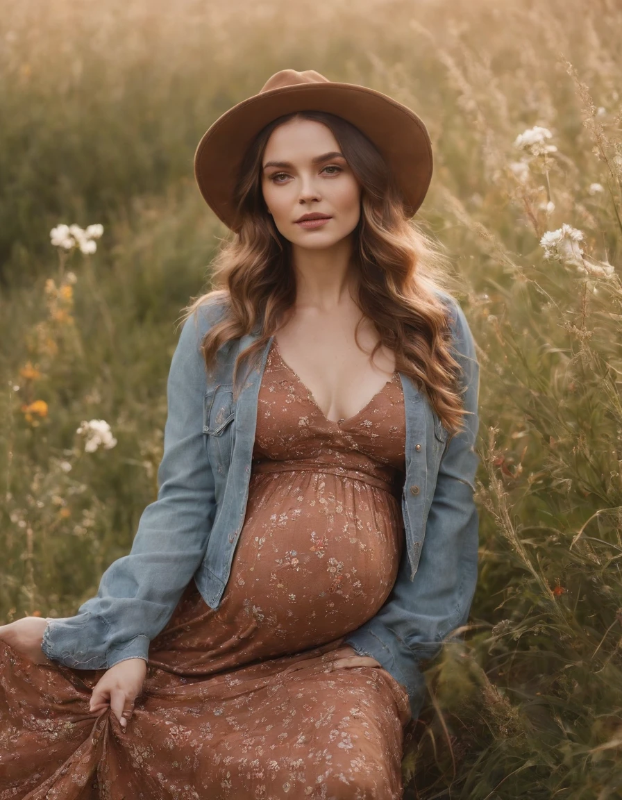 an up close photo of a pregnant woman dressed in bohemian-inspired fashion, wearing a flowy maxi dress with floral prints, layered with a denim jacket and accessorized with a floppy hat and vintage accessories. Her hair is styled in loose waves or natural curls. The setting is a sunlit park or meadow, with long grass and wildflowers,golden short hair