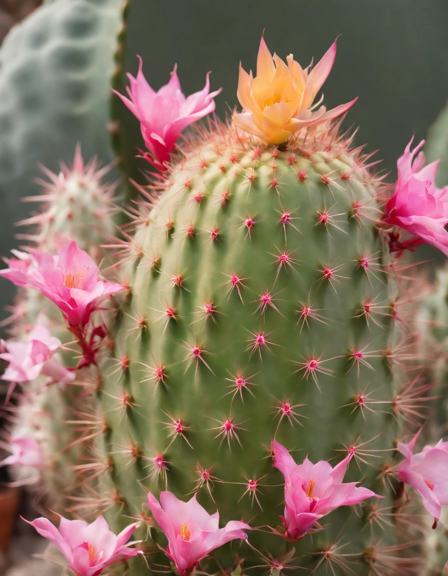cactus plant, in the style of kodak portra, yellow and pink, uhd image, jerry pinkney, post-internet aesthetics, postmodernist aesthetics, birds & flowers