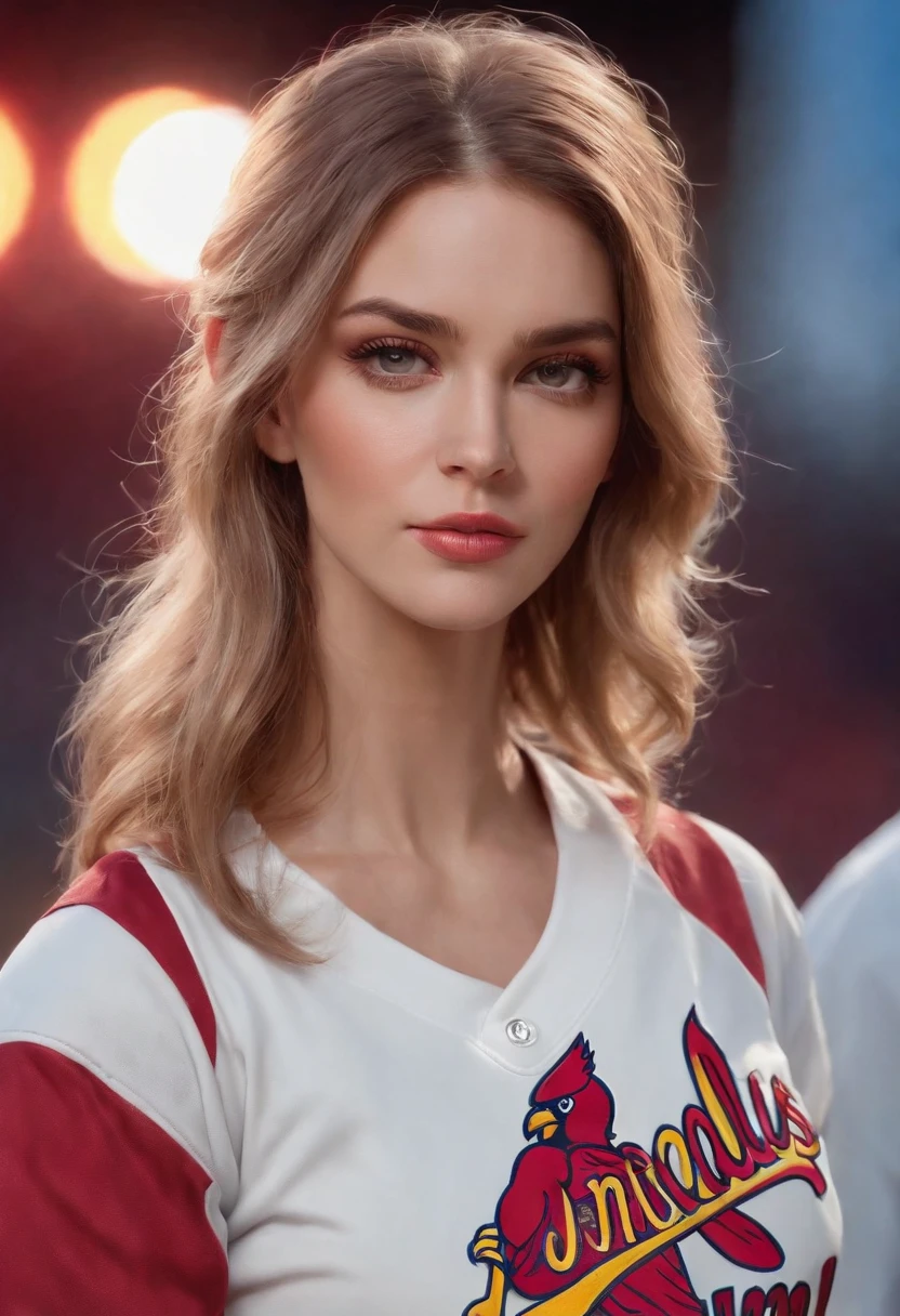 Teddi Mansueto, full body potrait of a photorealistic beautiful woman, (spectating a baseball game:1.5), hands in pockets:1.25, staring at camera in front, intense coloration fantasy, light hair, a stunning realistic photograph 20 years , random colored hair, (St Louis Cardinals fan fashion:1.3), random color eyes, full body, cover, hyperdetailed painting, luminism, octane render, Bar lighting, complex, 8k resolution concept art portrait by Martina Fačková and Prywinko Art, Artgerm, WLOP, Alphonse Mucha, Tony Taka, fractal isometrics details bioluminescence, hypereallistic cover photo awesome full color, hand drawn, bright, gritty, realistic, davinci, erte .12k, intricate. hit definition , cinematic,Rough sketch, mix of bold dark lines and loose lines, bold lines, on paper , real life human