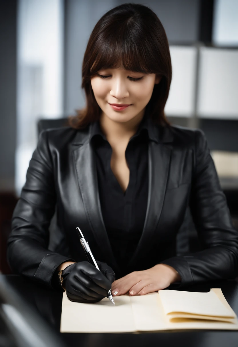 Wearing black leather gloves in both hands, upper body, black business suit, facing the desk in the modern study in the dark, looking down, smiling, writing a letter using a fountain pen, long, straight black hair, young and cute face Japanese female new employee (black leather gloves cover both hands)