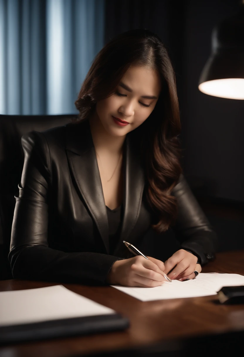 Wearing black leather gloves in both hands, upper body, black business suit, facing the desk in the modern study in the dark, looking down, smiling, writing a letter using a fountain pen, long, straight black hair, young and cute face Japanese female new employee (black leather gloves cover both hands)
