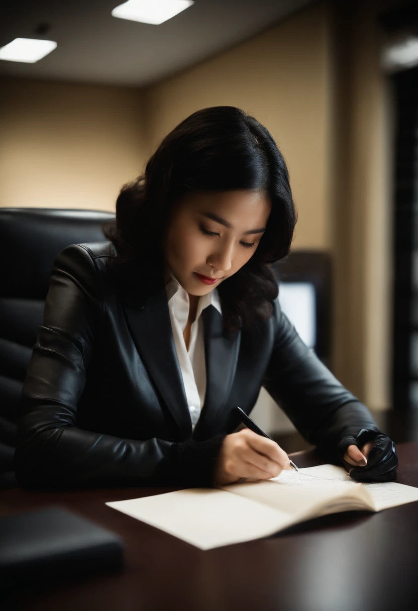 Wearing black leather gloves in both hands, upper body, black business suit, facing the desk in the modern study in the dark, looking down, smiling, writing a letter using a fountain pen, long, straight black hair, young and cute face Japanese female new employee (black leather gloves cover both hands)
