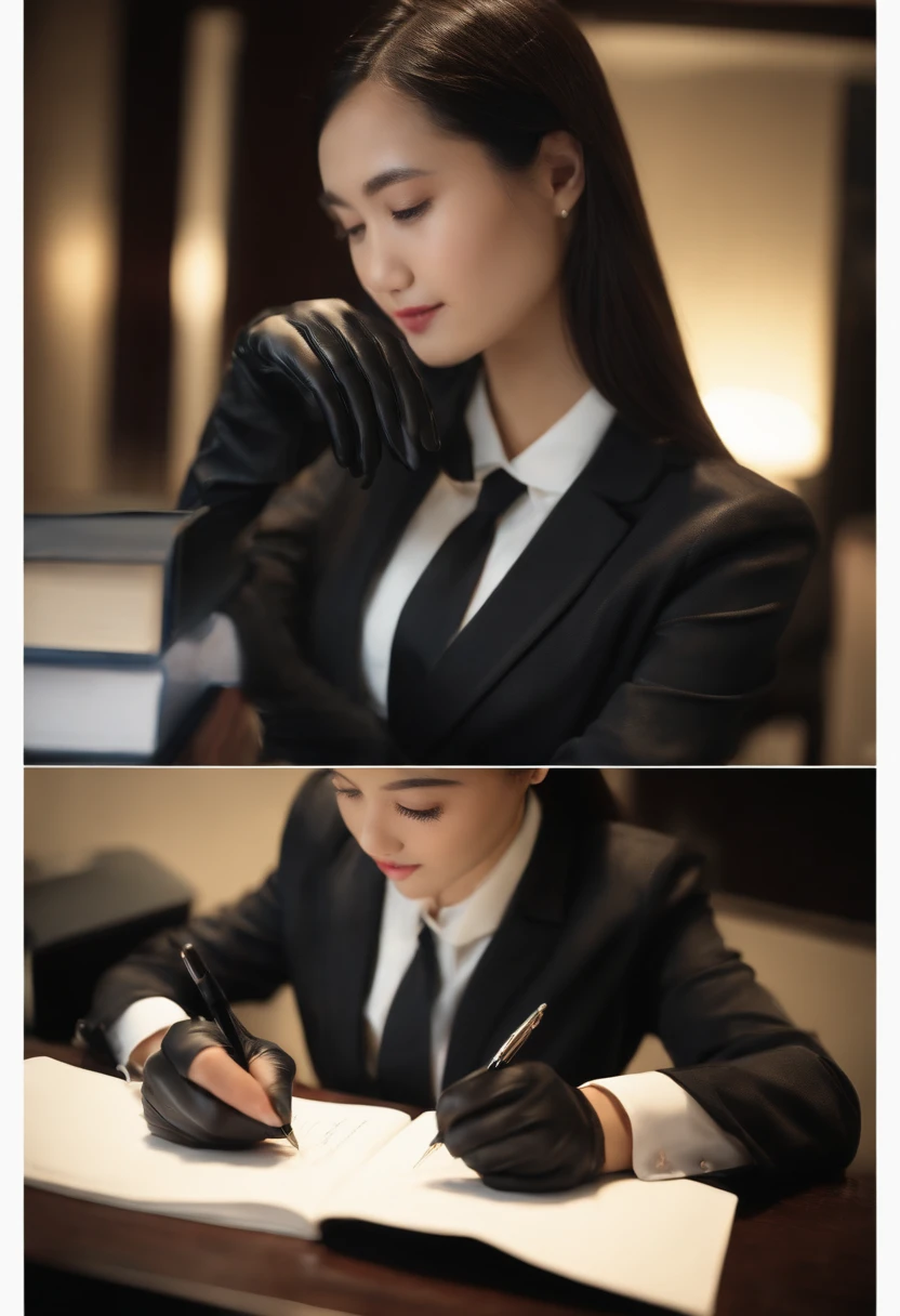 Wearing black leather gloves in both hands, upper body, black business suit, facing the desk in the modern study in the dark, looking down, smiling, writing a letter using a fountain pen, long, straight black hair, young and cute face Japanese female new employee (black leather gloves cover both hands)