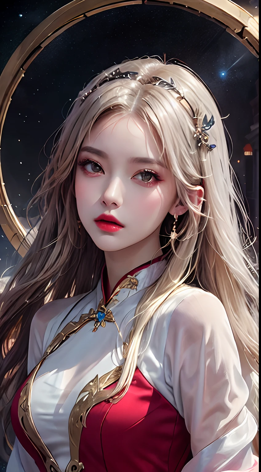 1 27-year-old girl, 1 zodiac goddess from the future, goddess of the pink and purple 12 zodiacs, the goddess of the zodiac in a yellow ao dai, a 12 zodiac ao dai with many black lace detail, mythology Goddess of the 12 zodiacs from the future, zodiac ♏, luxurious glittering zodiac style, dark and mysterious version, zodiac crown, lipstick lips red, thin and beautiful lips, mouth closed, characters made by karol bak and pino daeni, intricate detail, detailed background, extremely detailed, light magic, a woman, clear face, hair long with bangs, beautiful face in detail and well-proportioned eyes, (transparent yellow eyes: 1.8), big round eyes and very beautiful and detailed makeup, foresight, silk dress, mysterious makeup , double bangs and dyed light blonde , upper half portrait, zodiac goddess portrait, arms hanging loosely, Realistic and vivid photo, (stars make up the zodiac: 1.7), (sky background zodiac and fictitious space and time portal: 1.8), fiction art, RAW photo, hanfu picture, best photo, best photo quality, 8k quality, 8k ultra, super realistic, real photo most economical, the goddess poses sexy and seductive,