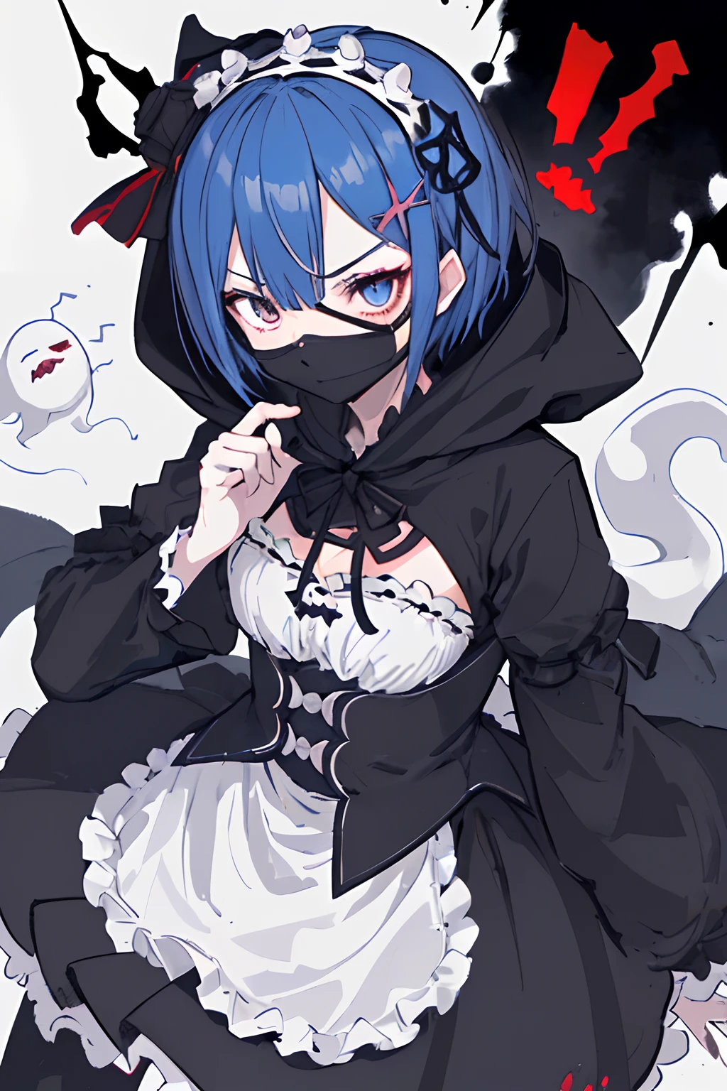 ((((Dramatic)))、(((gritty)))、(((vehement))She has a big knife.、、I have a determined look on my face。The background is dark and rough、Makes you feel danger and strength。The color palette is predominantly dark、There are splashes of bright colors、
(animesque:1.3), (cover-style:1.3), Blue-haired,Rezero、Maids、Remu、One eye is an eye patch、(garments:1.4)Wearing a hood。Hide your face with a black mask。Murderous ghosts、black suits