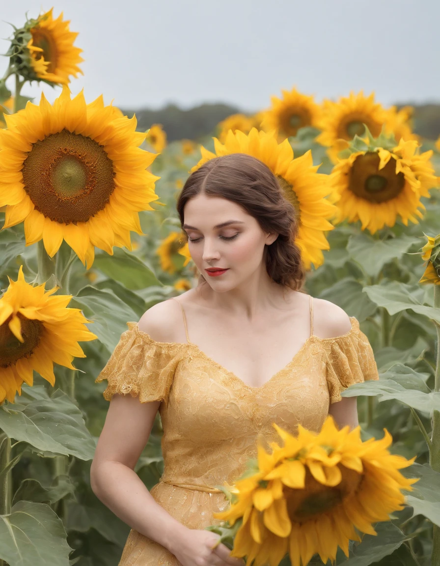 the enchantress in the sunflowers, digital painting, in the style of abbott fuller graves, luminous and dreamlike scenes, james pradier, coles phillips, joyful landscapes, soft sculpture, colorfield painting, minimal