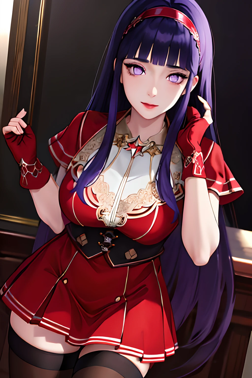 (masterpiece), (best quality), (ultra-detailed), intricate detail, detailed beautiful face and eyes,1girl, solo, purple eyes, purple hair, long dark blue hair, white earrings, red hairband, star hair ornament,fingerless gloves, gloves,pantyhose, jewelry, pleated_skirt,red skirt, short sleeves, Blunt Bangs