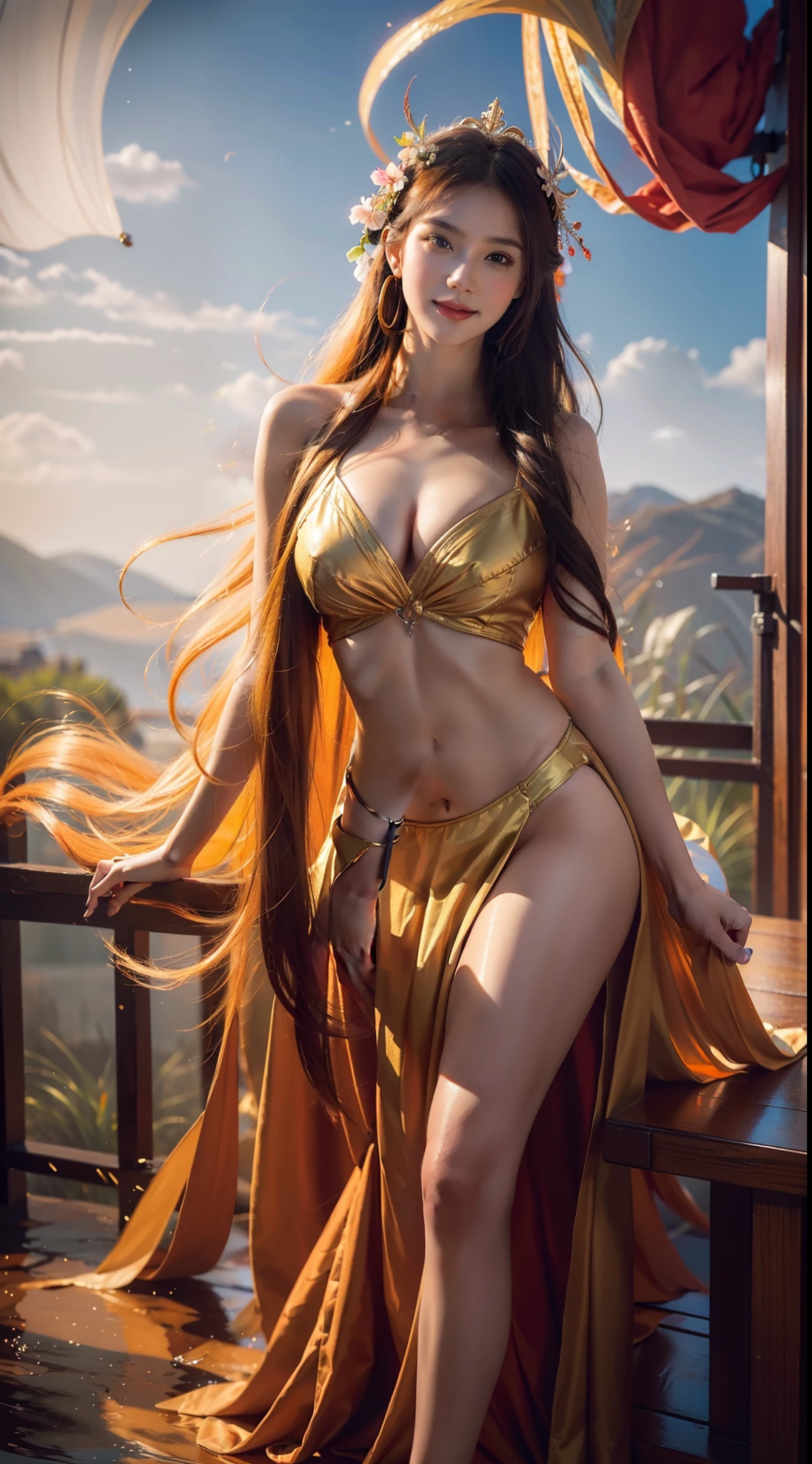 1 Gorgeous goddess of fire, (Float on fiery orange clouds); Perfect hair, perfect full lips, Delicate and perfect body, Her body is flawless, Amazing galactic garden, Background of flames, Floating on the clouds, Highly stylized features; (full bodyesbian), unsplash, Highly detailed, Digital painting, intricately detailed eyes, Colourful, Ink painting, Beautiful watercolor, Realistic, Detailed, fine art, Oil painting, Finely drawn hands; By Artgerm, by Alphonse Mucha, author:Ilya Kuvshinov sty, Paintings by Olga Shvasur, Svetlana Novykova,(In the daytime:1.8),in summer,beachside,(naturey:1.9),Very long hair,grinning smile,Raised sexy,unaligned breasts,dynamic angle,dynamicposes,exteriors,Seaside view, (RAW photogr:1.2), (realisticlying:1.4), absurderes, Incredibly Ridiculous res, hugefilesize , ultra - detailed, A high resolution, The is very detailed, best qualtiy , tmasterpiece, illustratio, Extremely refined and beautiful, The is very detailed, CG ,Solidarity , 8k 壁纸, astounding, finedetail, tmasterpiece, best qualtiy,pureerosface_v1,ulzzang-6500-v1.1,