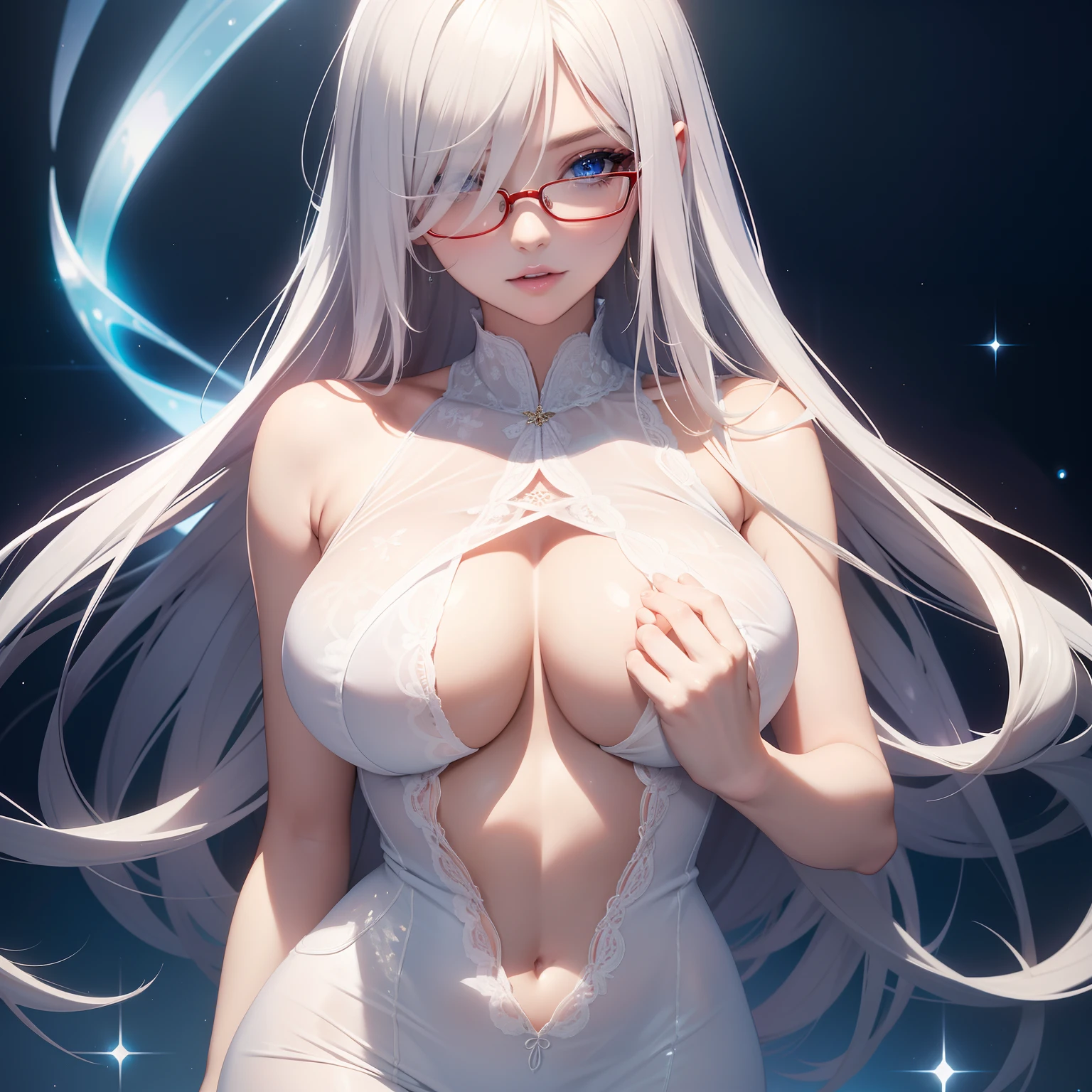 super high image, super detail, super high resolution, sexy female, beautiful, cute, pretty, glasses, blue sparkling big eyes, light blonde glossy flowing layered hair, hair over one eye, red alluring moist lips, amorous expression, lewd expression, orgasm, huge breasts, under boobs, side boobs, great proportion, perfect proportion, abs, slender, white see-through lace tight dress, professional lighting