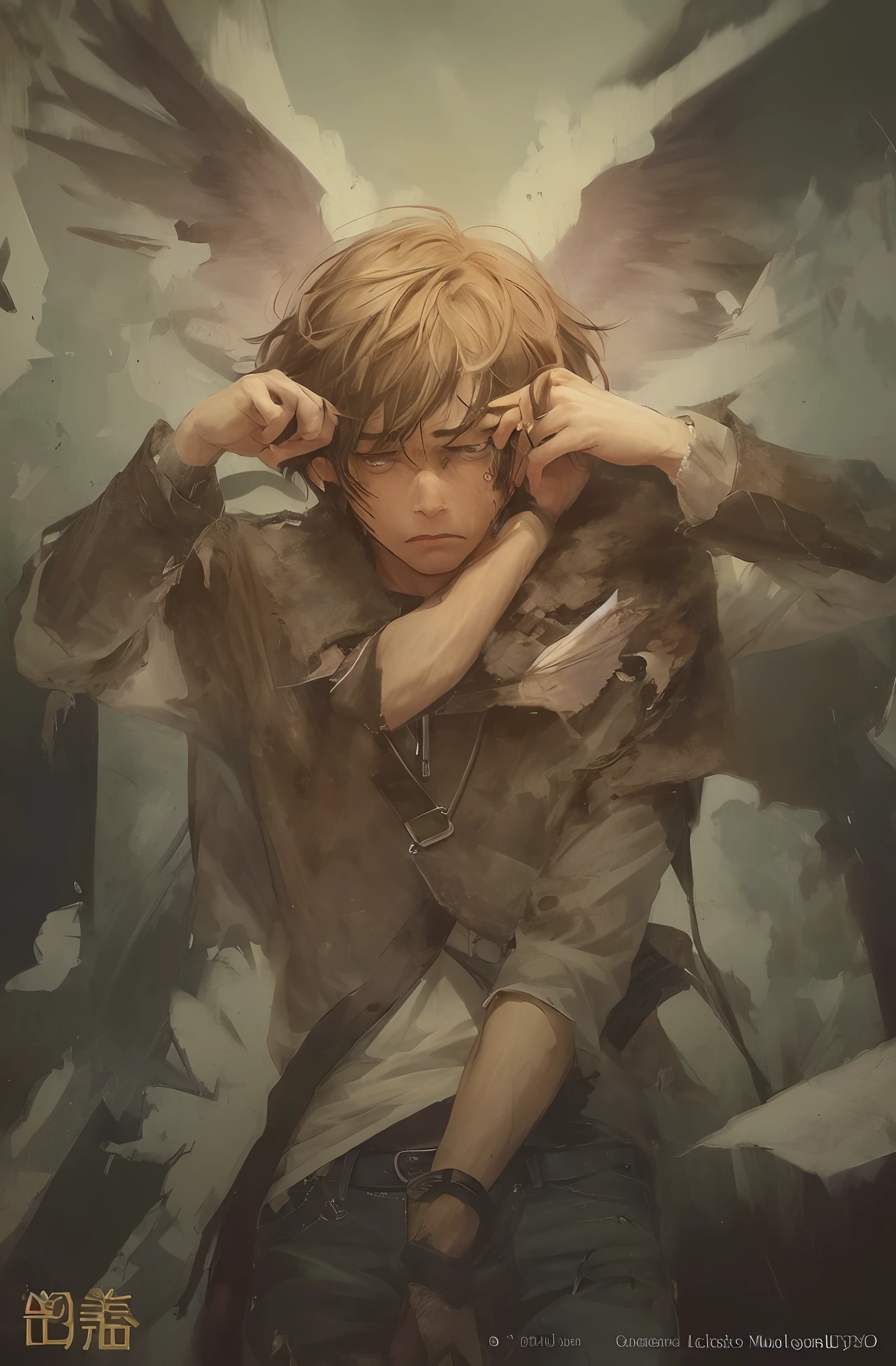 Man,Brown hair, Short hair, Purple eyes, 20 years younger, Torn clothes, Sad, Crying, Male, Dynamic pose, Solo