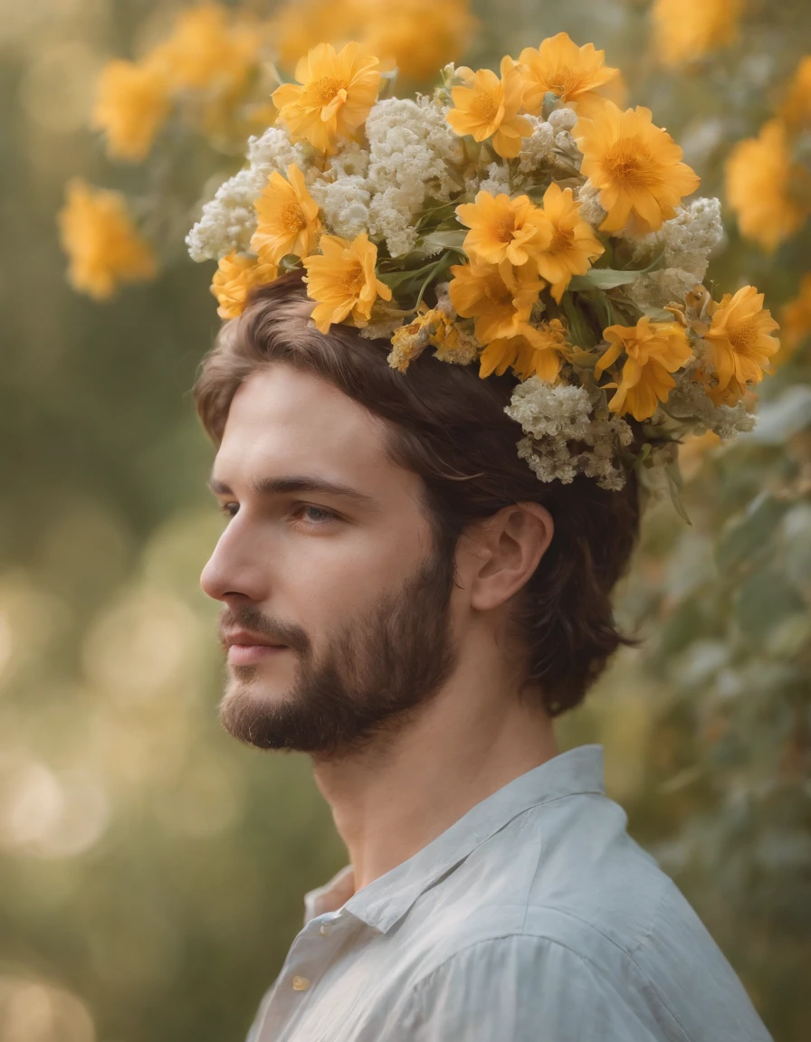 a person with flowers on his head, in the style of collage-inspired, honeycore, nature painter, hyman bloom, sarah purser, uhd image, transparent/translucent medium、