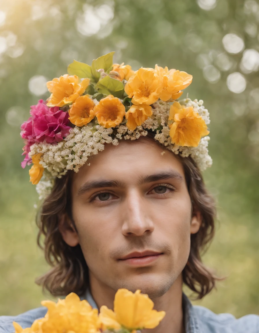 a person with flowers on his head, in the style of collage-inspired, honeycore, nature painter, hyman bloom, sarah purser, uhd image, transparent/translucent medium、