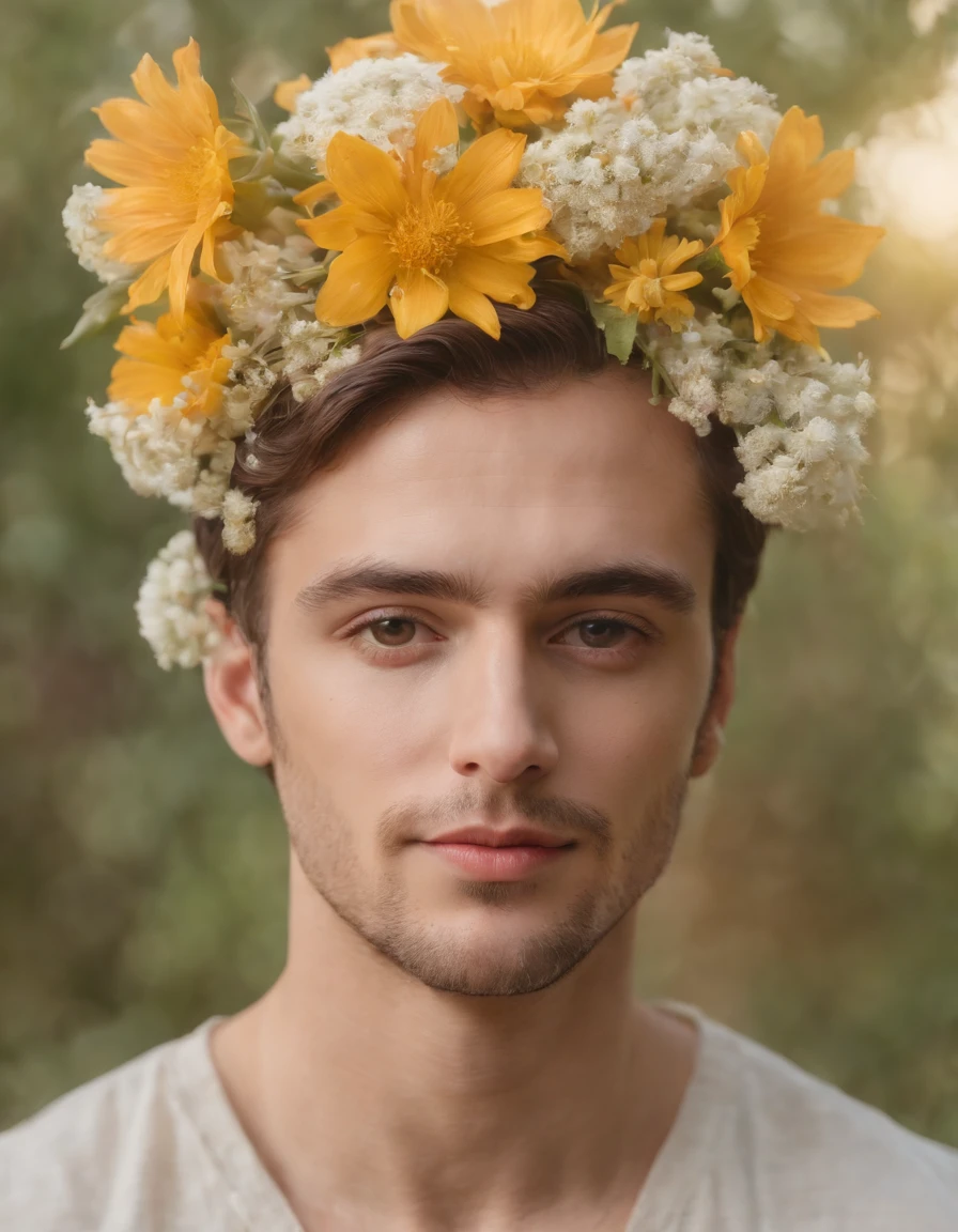 a person with flowers on his head, in the style of collage-inspired, honeycore, nature painter, hyman bloom, sarah purser, uhd image, transparent/translucent medium、