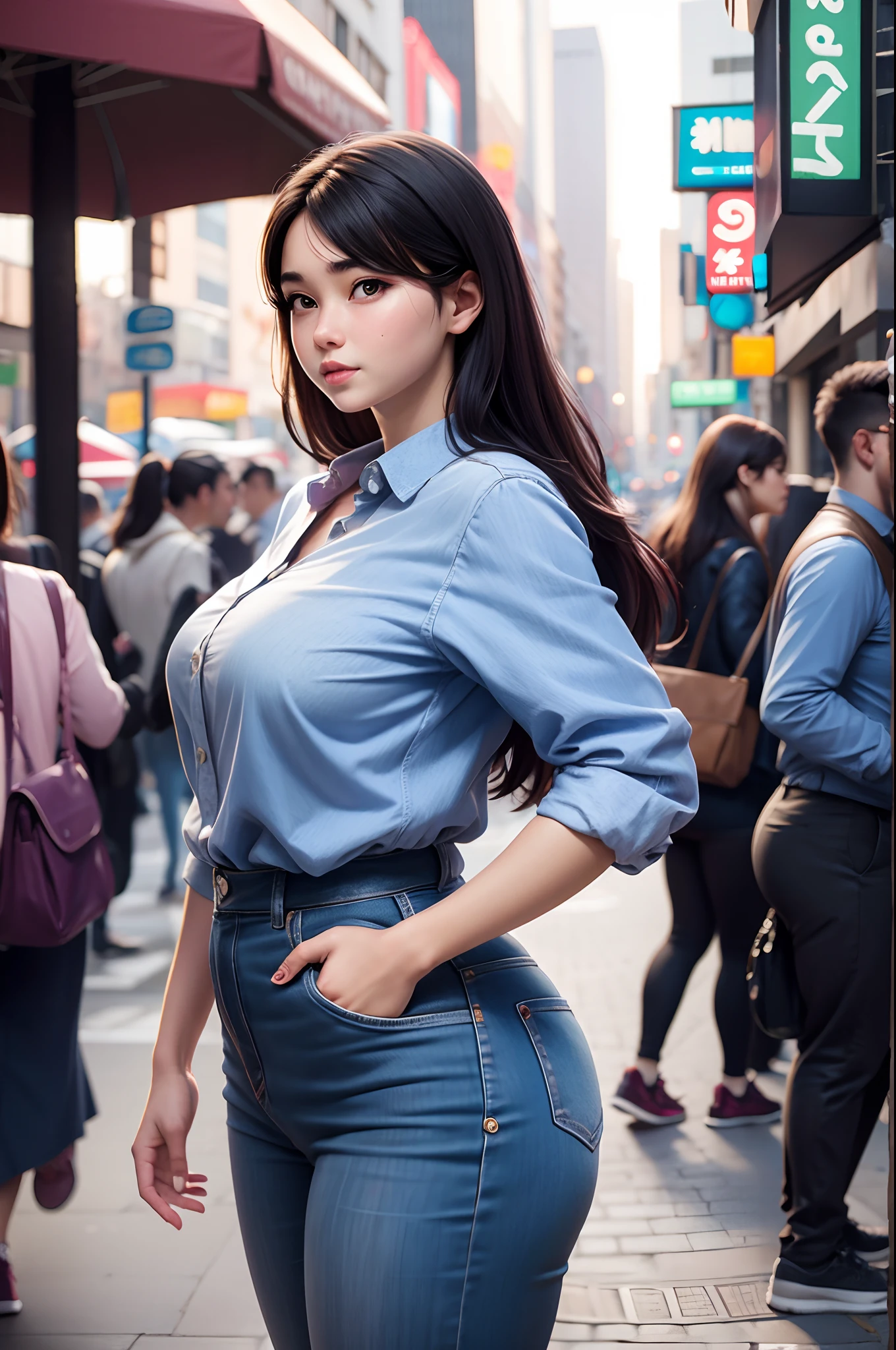 big body cute face woman standing near city