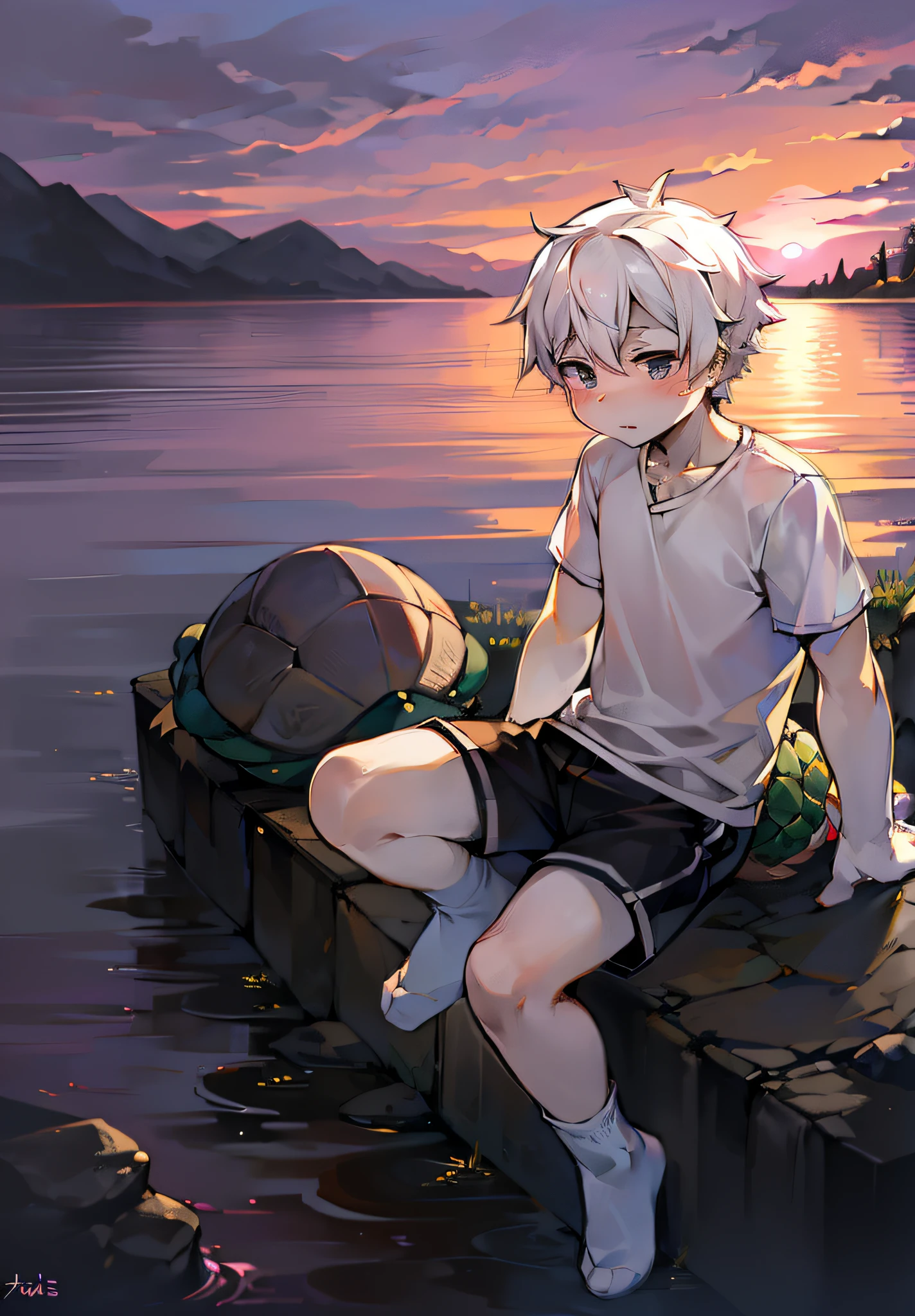 (A turtle),catss,sitting on the stone,((Shota)),Yellow-white hair, Very good figure, Handsome,adolable, Light:Extreme light and shadow, Reflective skin,White short-sleeved T-shirt, ((Wear white socks)),Black shorts,((Under the pink sunset)),Outdoor sunset,Purple clouds