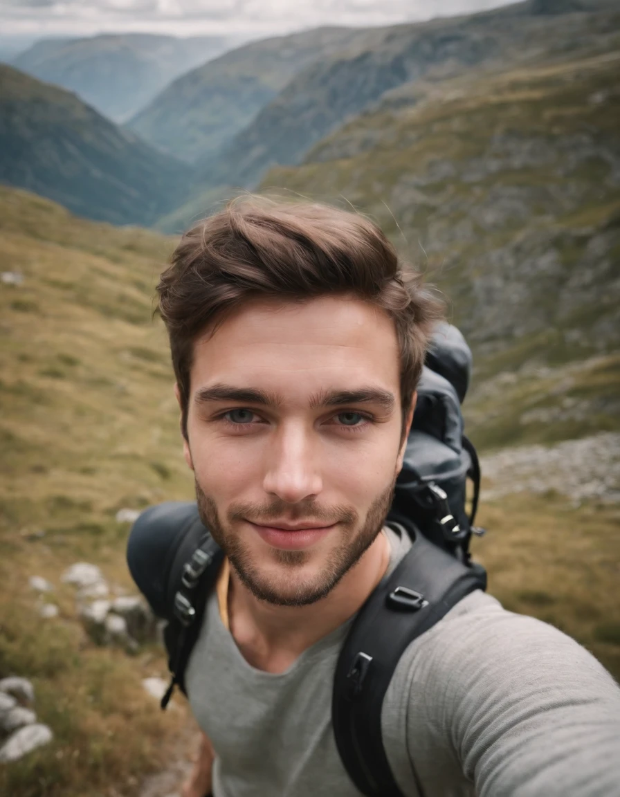 young man taking a selfie with a gopro while hiking by kostas , in the style of scottish landscapes, holga 120n, aerial photography, quirky characters, mountainous vistas, large canvas format