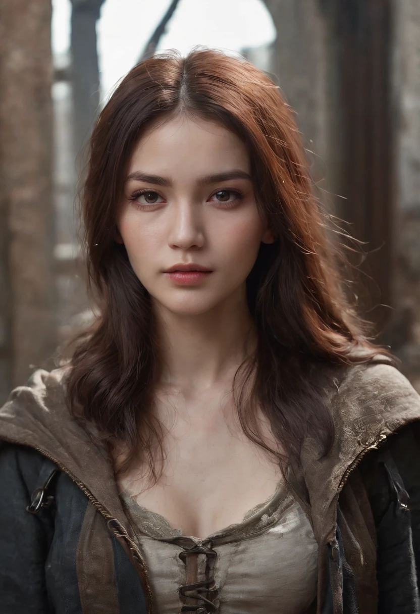 A breathtakingly beautiful girl, radiant and captivating eyes, cold and intense, long flowing hair, sweaty body, (Post-apocalyptic Punk cloak, short shorts, boot, mechanical equipment), Ultra photo realsisim, Realistic, best quality real texture skin, film atmosphere, Tattered clothes, (Post-apocalyptic Punk, Post-apocalyptic Fiction), a post-apocalyptic world with collapsing buildings, (bloodstains), art by Kurahashi Rei, haunting and solemn, a beam of light shines through, illuminating the somber surroundings, (Best quality, masterpiece, depth of field, Full HD, 4K, richness of detail), Portrait style