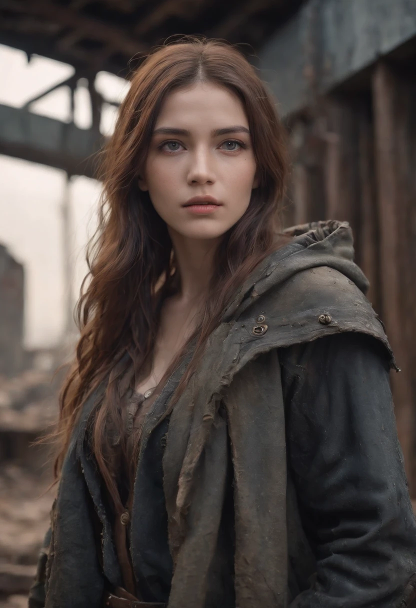 A breathtakingly beautiful girl, radiant and captivating eyes, cold and intense, long flowing hair, sweaty body, (Post-apocalyptic Punk cloak, short shorts, boot, mechanical equipment), Ultra photo realsisim, Realistic, best quality real texture skin, film atmosphere, Tattered clothes, (Post-apocalyptic Punk, Post-apocalyptic Fiction), a post-apocalyptic world with collapsing buildings, (bloodstains), art by Kurahashi Rei, haunting and solemn, a beam of light shines through, illuminating the somber surroundings, (Best quality, masterpiece, depth of field, Full HD, 4K, richness of detail), Portrait style