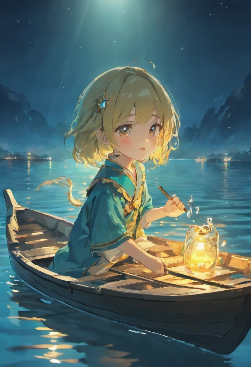 (best quality,8K,highres,masterpiece:1.2),ultra-detailed,realistic,lovely children,row a dragon boat happily,beautiful detailed eyes,beautiful detailed lips,extremely detailed eyes and face,longeyelashes,clear water reflection,lively expressions,joyful atmosphere,colorful paddles and dragon boat,traditional festival celebration,happy laughter,full of happiness,golden moonlit night,C4D-style,wide-angle lens,professional, vivid colors,peaceful scene,serene water surface,crystal clear moonlight,subtle shadows and highlights,soft moonlit glow,calm and peaceful atmosphere,calm water ripples,starry sky,authentic festive mood
