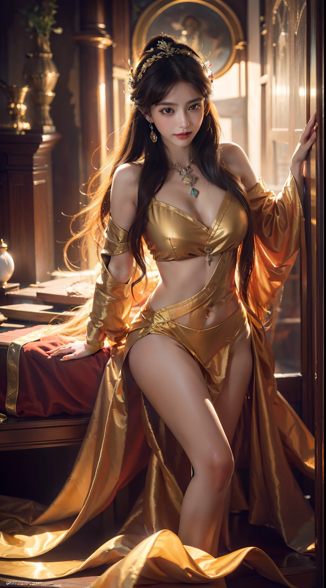 1 Gorgeous goddess of fire, (Float on fiery orange clouds); Perfect hair, perfect full lips, Delicate and perfect body, Her body is flawless, Amazing galactic garden, Background of flames, Floating on the clouds, Highly stylized features; (full bodyesbian), unsplash, Highly detailed, Digital painting, intricately detailed eyes, Colourful, Ink painting, Beautiful watercolor, Realistic, Detailed, fine art, Oil painting, Finely drawn hands; By Artgerm, by Alphonse Mucha, author:Ilya Kuvshinov sty, Paintings by Olga Shvasur, Svetlana Novykova,(In the daytime:1.8),in summer,beachside,(naturey:1.9),Very long hair,grinning smile,Raised sexy,unaligned breasts,dynamic angle,dynamicposes,exteriors,Seaside view, (RAW photogr:1.2), (realisticlying:1.4), absurderes, Incredibly Ridiculous res, hugefilesize , ultra - detailed, A high resolution, The is very detailed, best qualtiy , tmasterpiece, illustratio, Extremely refined and beautiful, The is very detailed, CG ,Solidarity , 8k 壁纸, astounding, finedetail, tmasterpiece, best qualtiy,pureerosface_v1,ulzzang-6500-v1.1,