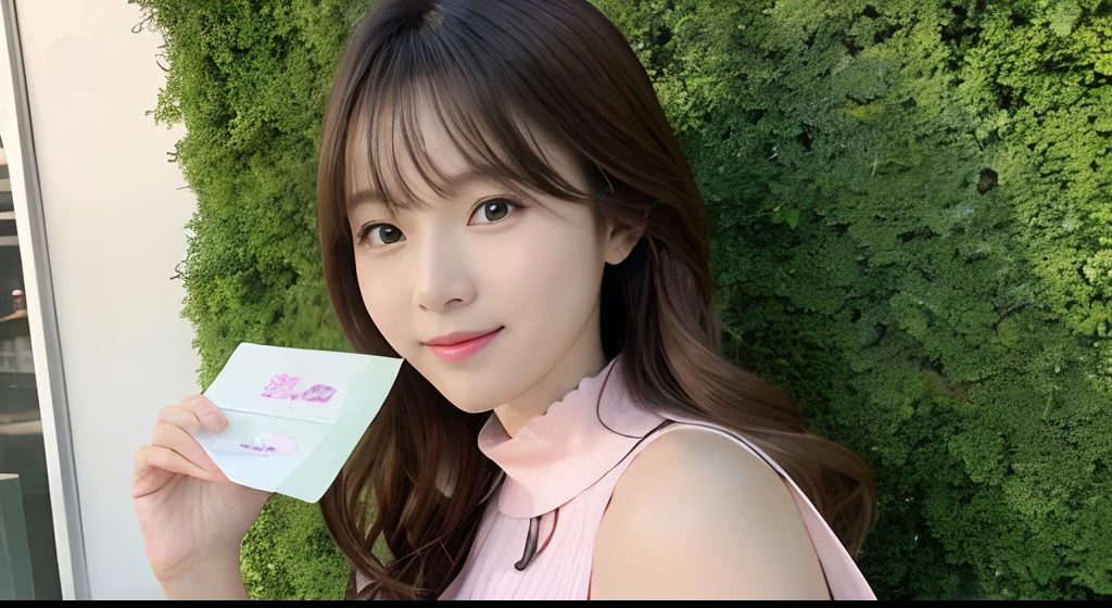 hold a paper pouch next face (3:1), full body(8:1)(Best Quality), High collar, Very high saturation, All colors deepened, delicated face、Extremely detailed light and shadow, very detailed face and eyes, Fluffy wavy hair, white long cloths, colored clouds,(Best Quality), very detailed face and eyes, the setting sun、holding a paper package close to face、hands up、Place your hands high、Dynamic Positions、Full-body configuration、inside a cafe、full of pink environment, Dress like a grown-up、full of natural、green rock color wall, hightquality, big smile, herbs park