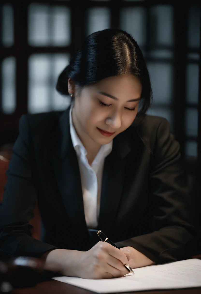 Wearing black leather gloves in both hands, upper body, black business suit, facing the desk in the modern study in the dark, looking down, smiling, writing a letter using a fountain pen, long, straight black hair, young and cute face Japanese female new employee (black leather gloves cover both hands)