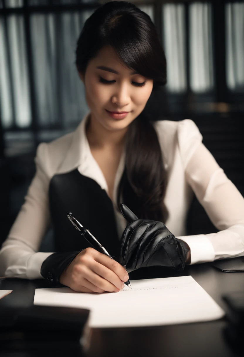 Wearing black leather gloves in both hands, upper body, black business suit, facing the desk in the modern study in the dark, looking down, smiling, writing a letter using a fountain pen, long, straight black hair, young and cute face Japanese female new employee (black leather gloves cover both hands)