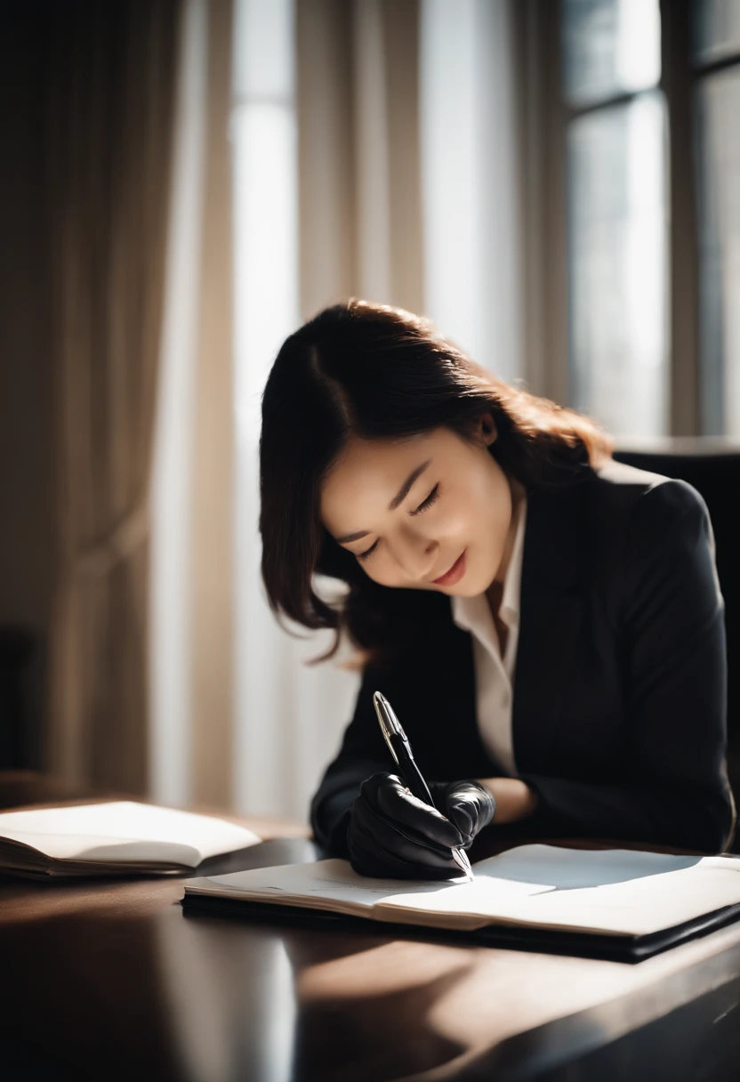 Wearing black leather gloves in both hands, upper body, black business suit, facing the desk in the modern study in the dark, looking down, smiling, writing a letter using a fountain pen, long, straight black hair, young and cute face Japanese female new employee (black leather gloves cover both hands)