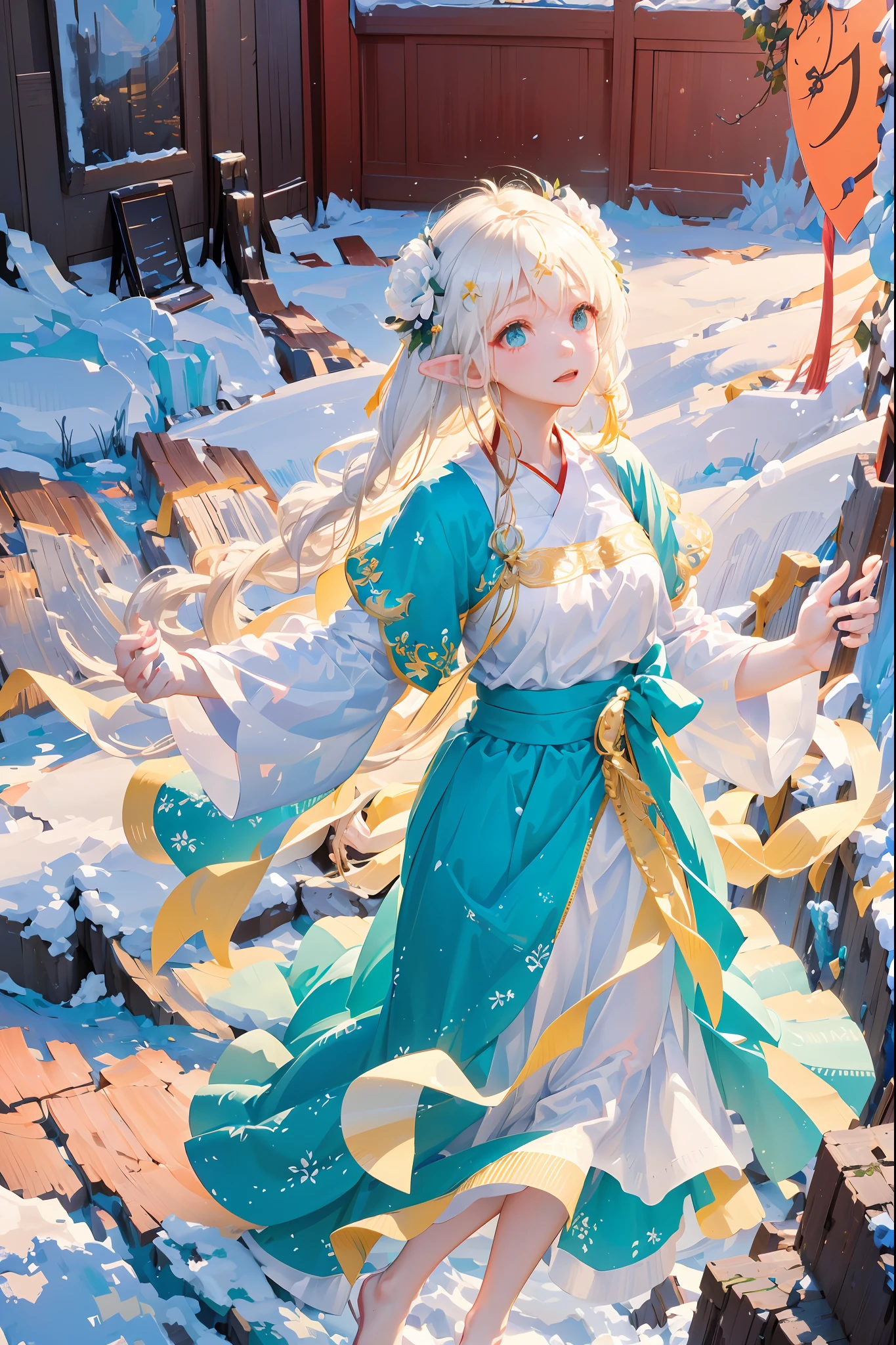 White long hair anime girl wearing white shirt and flower crown, Snow scene，a beautiful anime portrait,tmasterpiece， one-girl， Cloud Girl， Clouds，  Colorful， Transparent body，Sparkling，full bodyesbian，long  skirt，White top，green long skirt，Transparent clothes，Elf wings，Red streamer