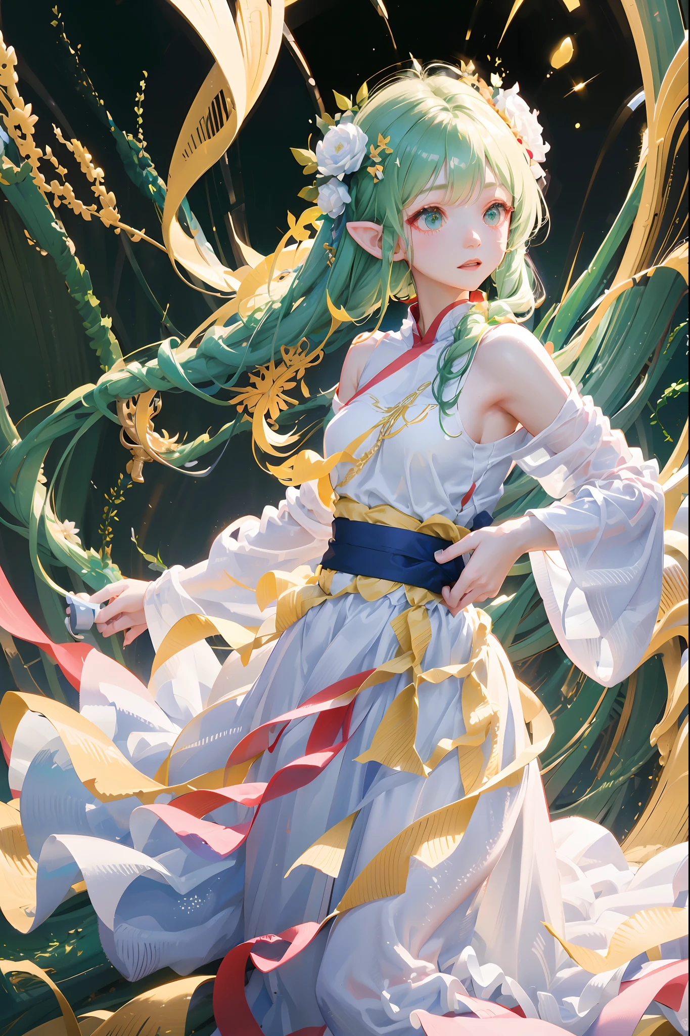 White long hair anime girl wearing white shirt and flower crown, Snow scene，a beautiful anime portrait,tmasterpiece， one-girl， Cloud Girl， Clouds，  Colorful， Transparent body，Sparkling，full bodyesbian，long  skirt，White top，green long skirt，Transparent clothes，Elf wings，Red streamer