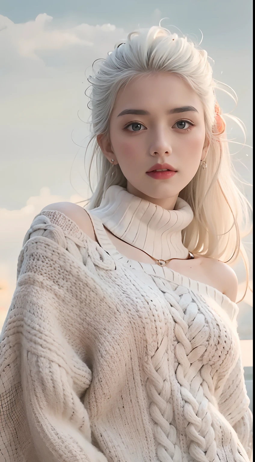 Medium Shot Shot, A beautiful woman looks at the camera, White hair, Chris Foss autumn off-the-shoulder sweater