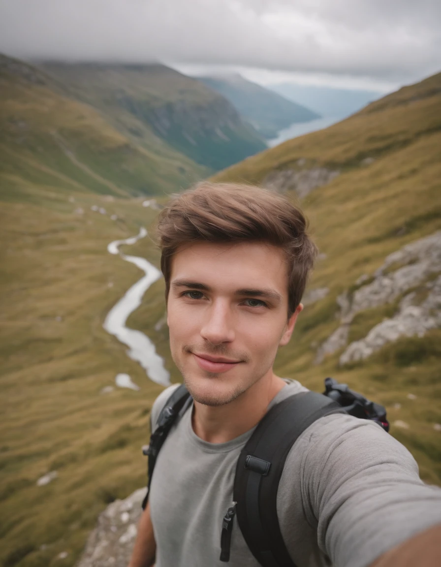Young man taking a selfie with Gopro while hiking in Kostas , Scottish landscape style, Holga 120N, Aerial Photography, Eccentric characters, mountainous vistas, Large canvas format