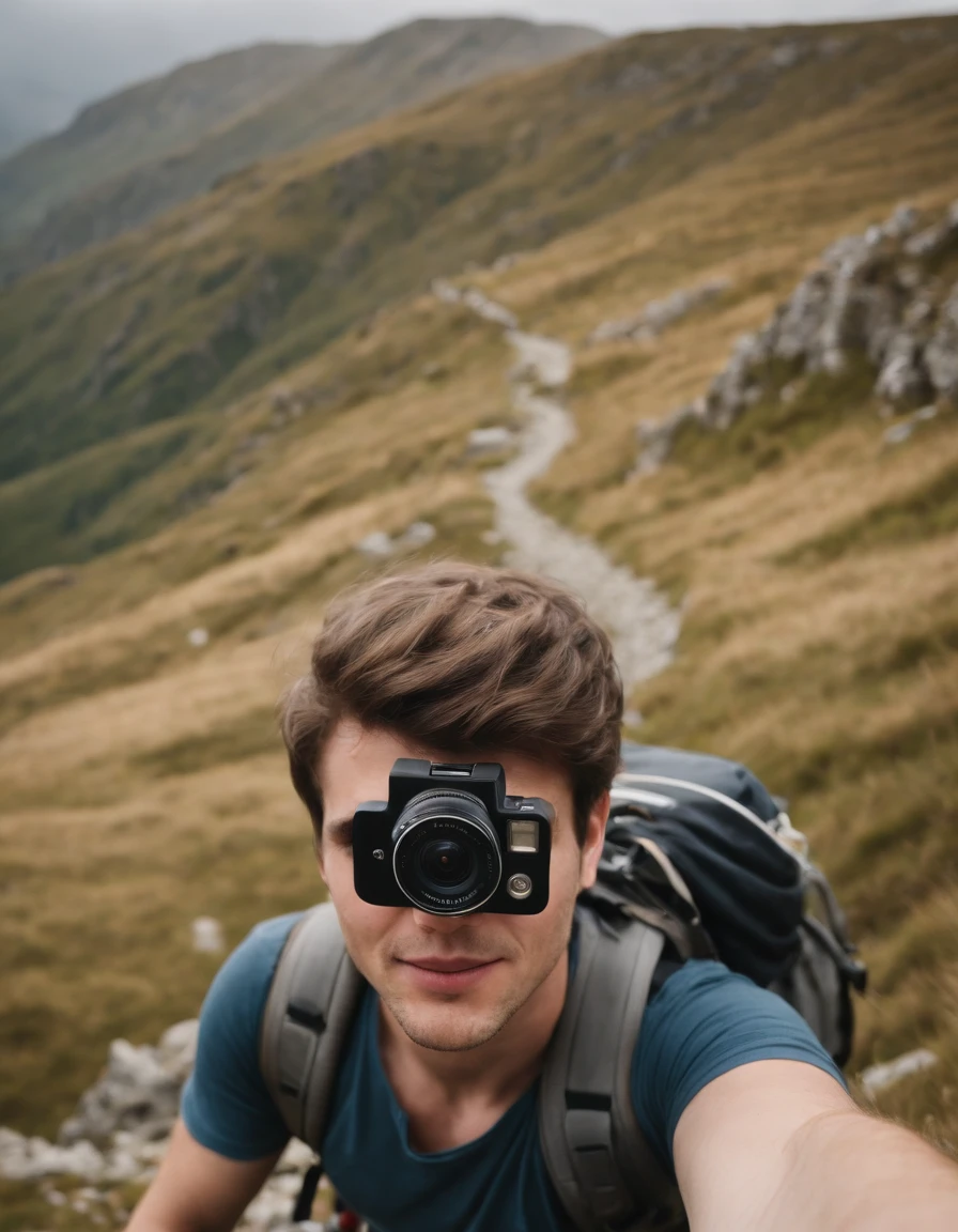 Young man taking a selfie with Gopro while hiking in Kostas , Scottish landscape style, Holga 120N, Aerial Photography, Eccentric characters, mountainous vistas, Large canvas format
