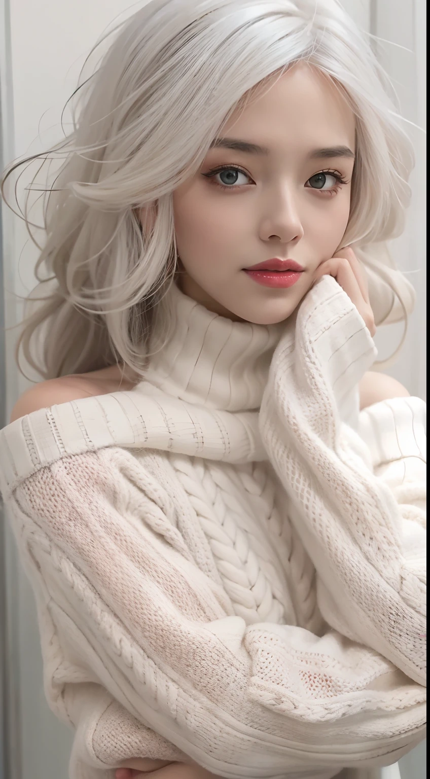 Medium Shot Shot, A beautiful woman looks at the camera, White hair, Chris Foss autumn off-the-shoulder sweater