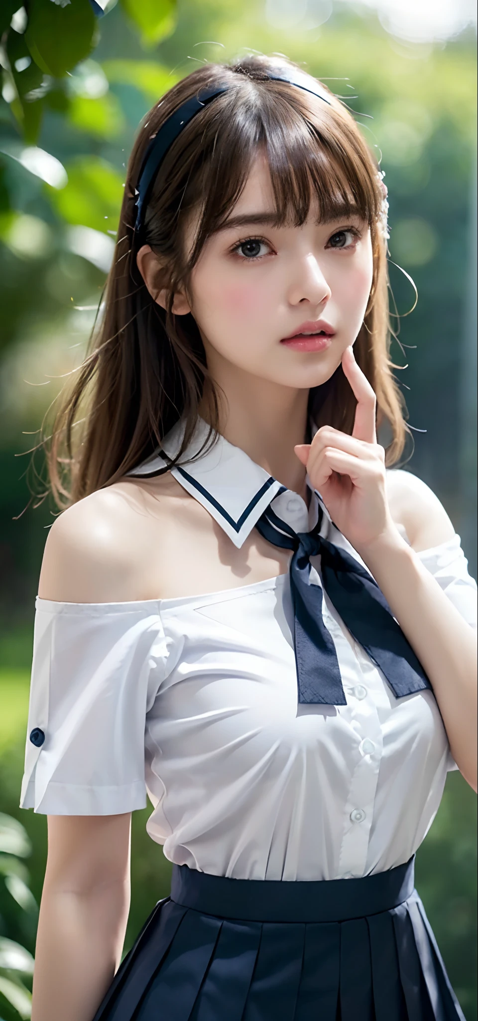 1womanl, up of face, Colossal ,light brown hair, Blunt bangs, hair behind ear, hair over shoulder, Long hair, slender body shape, Ultra Fine Face, Thin face, Delicate lips, Beautiful eyes, thin blush, eyes are light brown, perfect glossy skin, flawless skin, Glistening sweat,View here, Ultra-thin hands, Ultra-fine fingers:realisitic:1.3), Broad-leaved forest, One-person viewpoint, Fuji Film, 8K, masutepiece, nffsw, ((Ultra ultra detail:1.3)), High quality, Best Quality, hight resolution, ((Detailed, High-quality and realistic finger reproduction:1.3))、the golden hour Beautiful light, (((Schoolgirl Uniform)))、(((White Short Sleeve Low Cut Front Butthirt、Dark blue ribbon at collar:1.2)))、((Ultra Micro Mini Dark Blue Pleated Skirt:1.3)),((Colossal tits)) (sitive image:1.3))),((Very light shirt:1.2)),((Bra is white with shoulder straps),((FULL BODYSHOT:1.3)) (off shoulders:1.3)