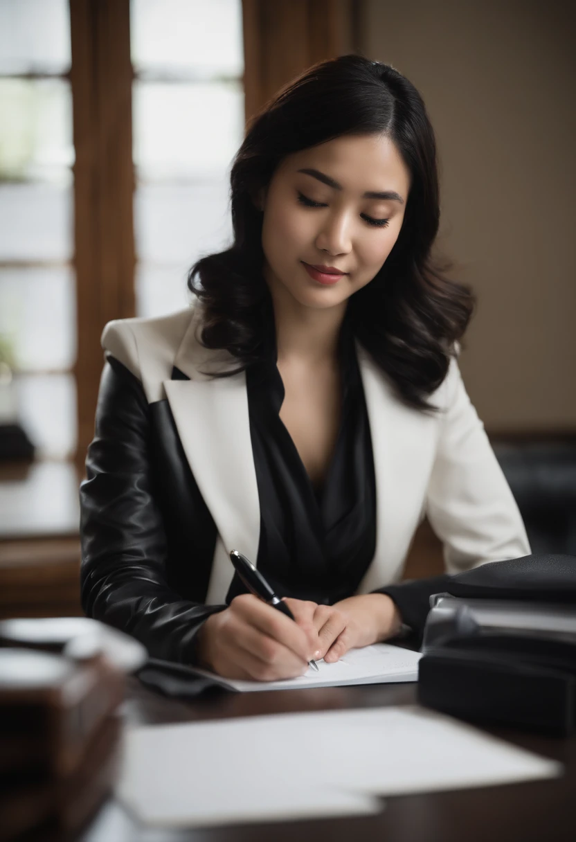 Wearing black leather gloves in both hands, upper body, black business suit, facing the desk in the modern study in the dark, looking down, smiling, writing a letter using a fountain pen, long, straight black hair, young and cute face Japanese female new employee (black leather gloves cover both hands)