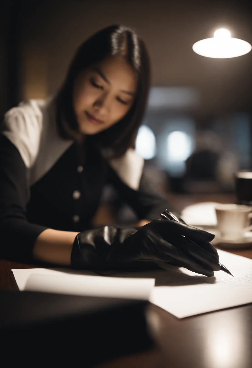 Wearing black leather gloves in both hands, upper body, black business suit, facing the desk in the modern study in the dark, looking down, smiling, writing a letter using a fountain pen, long, straight black hair, young and cute face Japanese female new employee (black leather gloves cover both hands)
