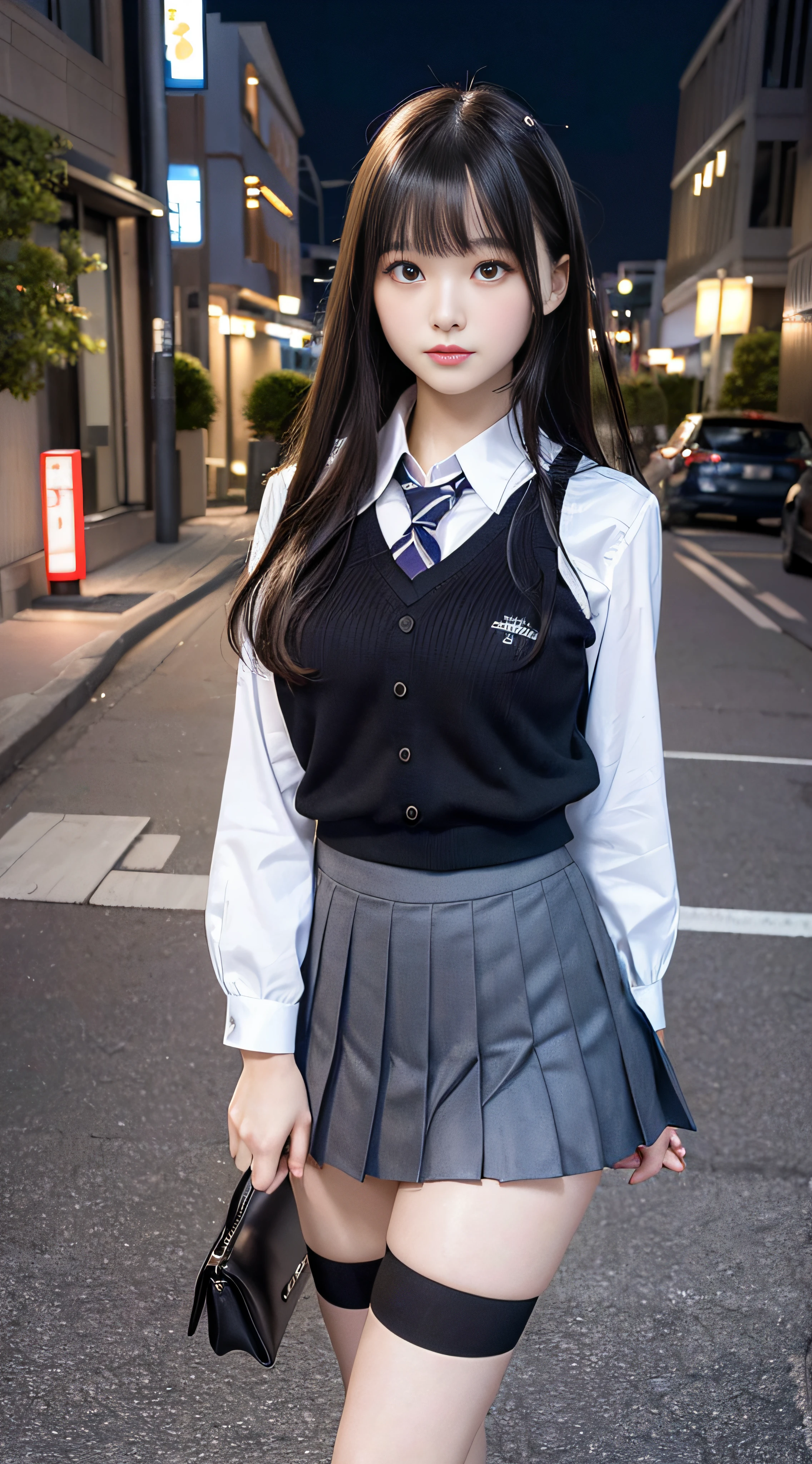 masutepiece, Best Quality, Photorealistic, Raw photo, Digital SLR, Beautiful Japan girl at 15 years old, shiny fair skin, Realistic beautiful make-up face, Realistic and beautiful bright eyes, Double eyelids, look at viewr, (Highly detailed shiny black long hair and bangs), (Disheveled hair blown by strong winds), slim figure, Slim Face, Slim waist, Big breasts, Narrow thighs, ((School uniform, Pleated skirt, Cityscape with strong winds, during night)), Realistic lighting and shadows, Very delicate and beautiful photo, Ultra High Resolution, 8K UHD Wallpapers,