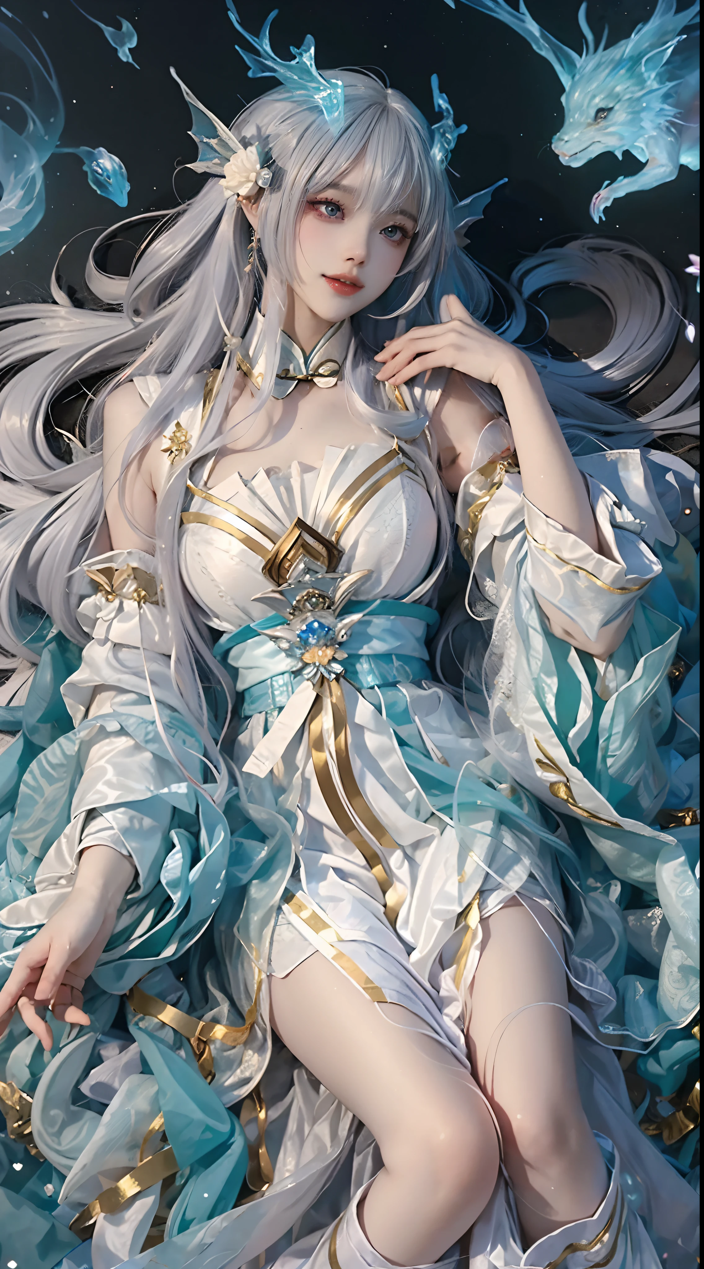 Beautiful celestial mage,Amazing young ethereal characters,shaxi,A flowing magic robe,White Hanfu,xianxia fantasy,Beauty Delfin,Ethereal fantasy,Elegant and charming cosplay,((Lie flat on the ground)),((Top-down view)),Feminine and colorful,It's tumultuous,Hands relax naturally,nighttime scene,Lots of neon