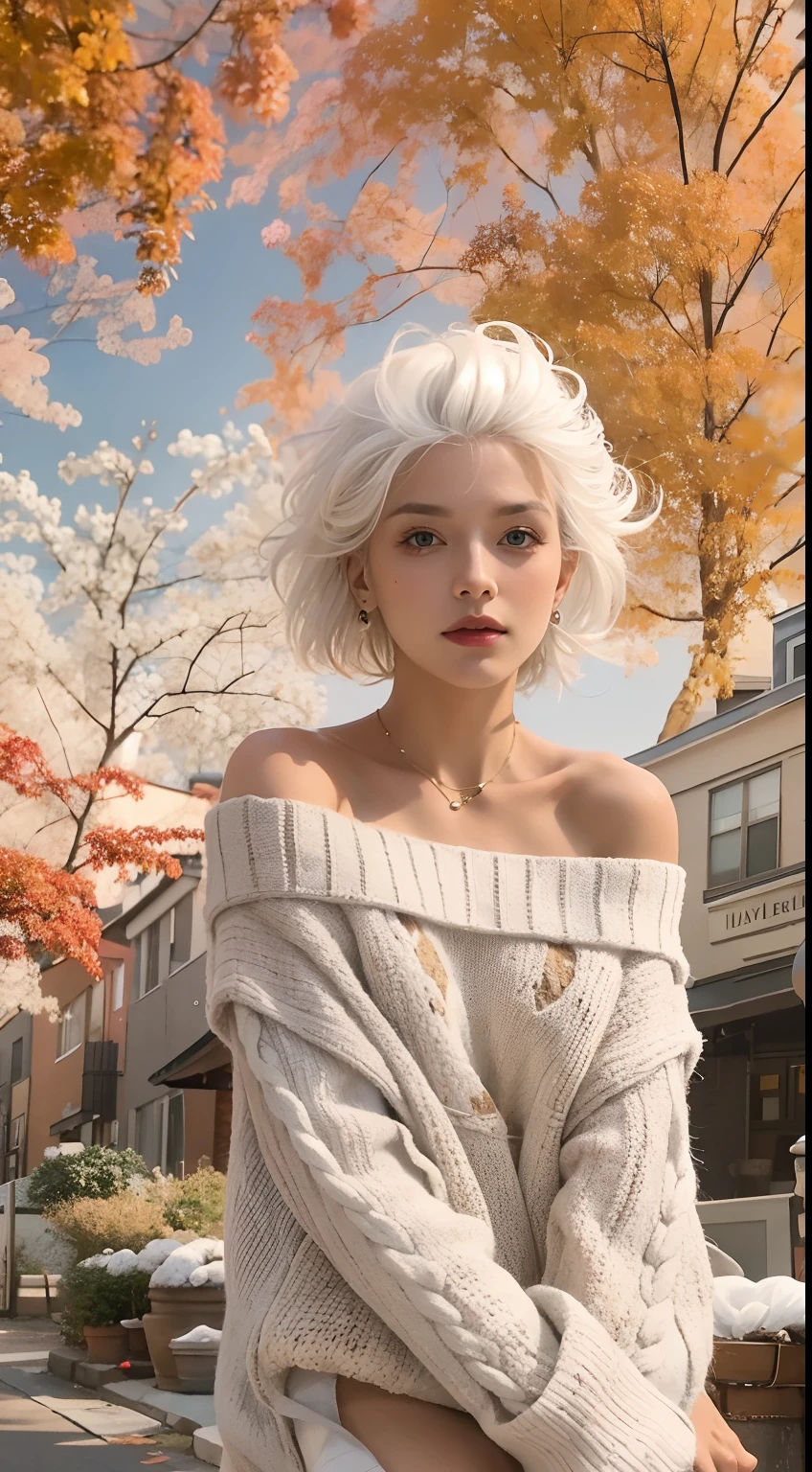 Medium Shot Shot, A beautiful woman looks at the camera, White hair, Chris Foss autumn off-the-shoulder sweater