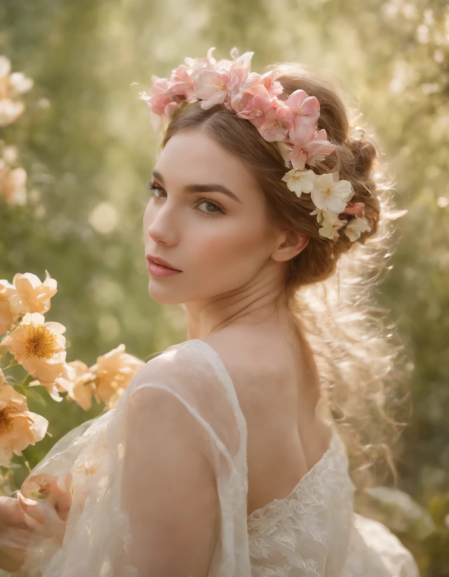 person with flowers in hair, collage style, honeycore, nature painter, fantasy art, hyman Bloom, sarah purser, ultra high definition image, transparent/translucent medium