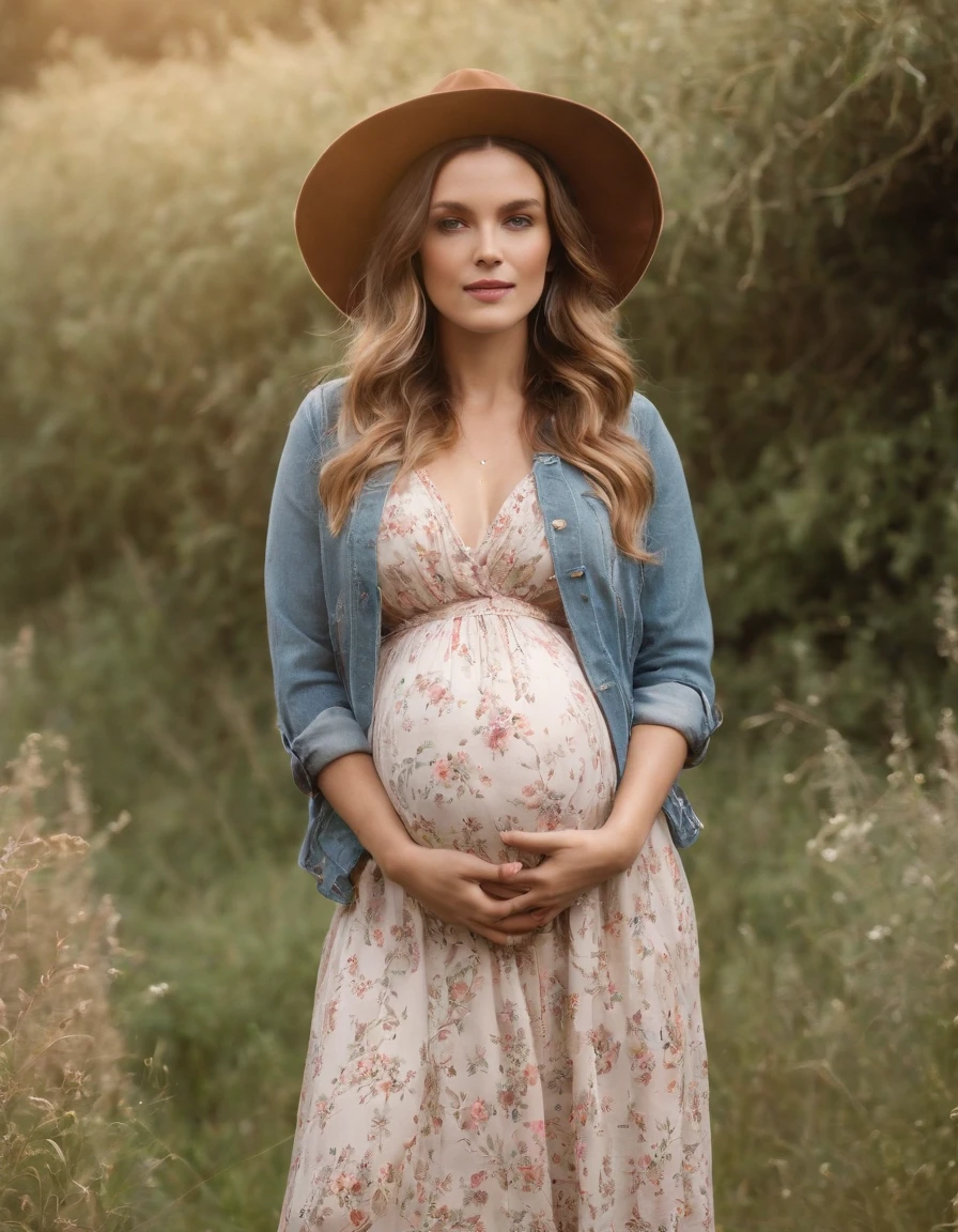 an up close photo of a pregnant woman dressed in bohemian-inspired fashion, wearing a flowy maxi dress with floral prints, layered with a denim jacket and accessorized with a floppy hat and vintage accessories. Her hair is styled in loose waves or natural curls. The setting is a sunlit park or meadow, with long grass and wildflowers,((golden short hair))
