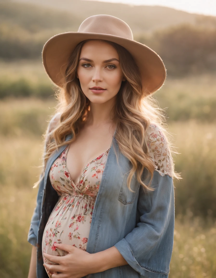 an up close photo of a pregnant woman dressed in bohemian-inspired fashion, wearing a flowy maxi dress with floral prints, layered with a denim jacket and accessorized with a floppy hat and vintage accessories. Her hair is styled in loose waves or natural curls. The setting is a sunlit park or meadow, with long grass and wildflowers,golden short hair
