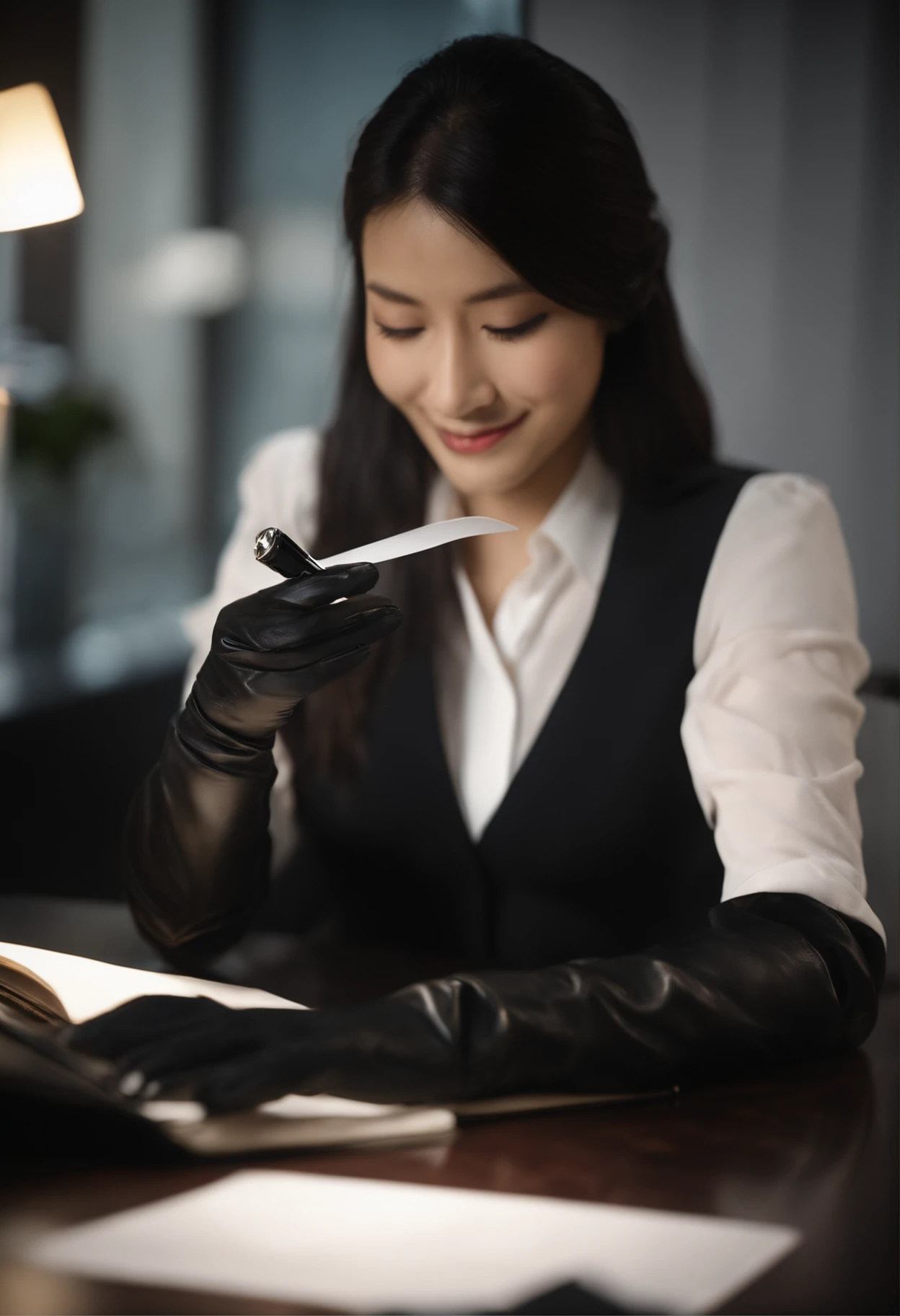 Wearing black leather gloves in both hands, upper body, black business suit, facing the desk in the modern study in the dark, looking down, smiling, writing a letter using a fountain pen, long, straight black hair, young and cute face Japanese female new employee (black leather gloves cover both hands)