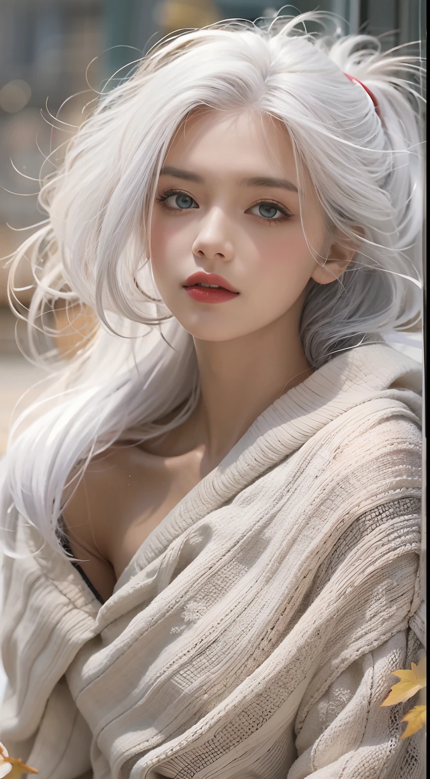 Medium Shot Shot, A beautiful woman looks at the camera, White hair, Chris Foss autumn off-the-shoulder sweater