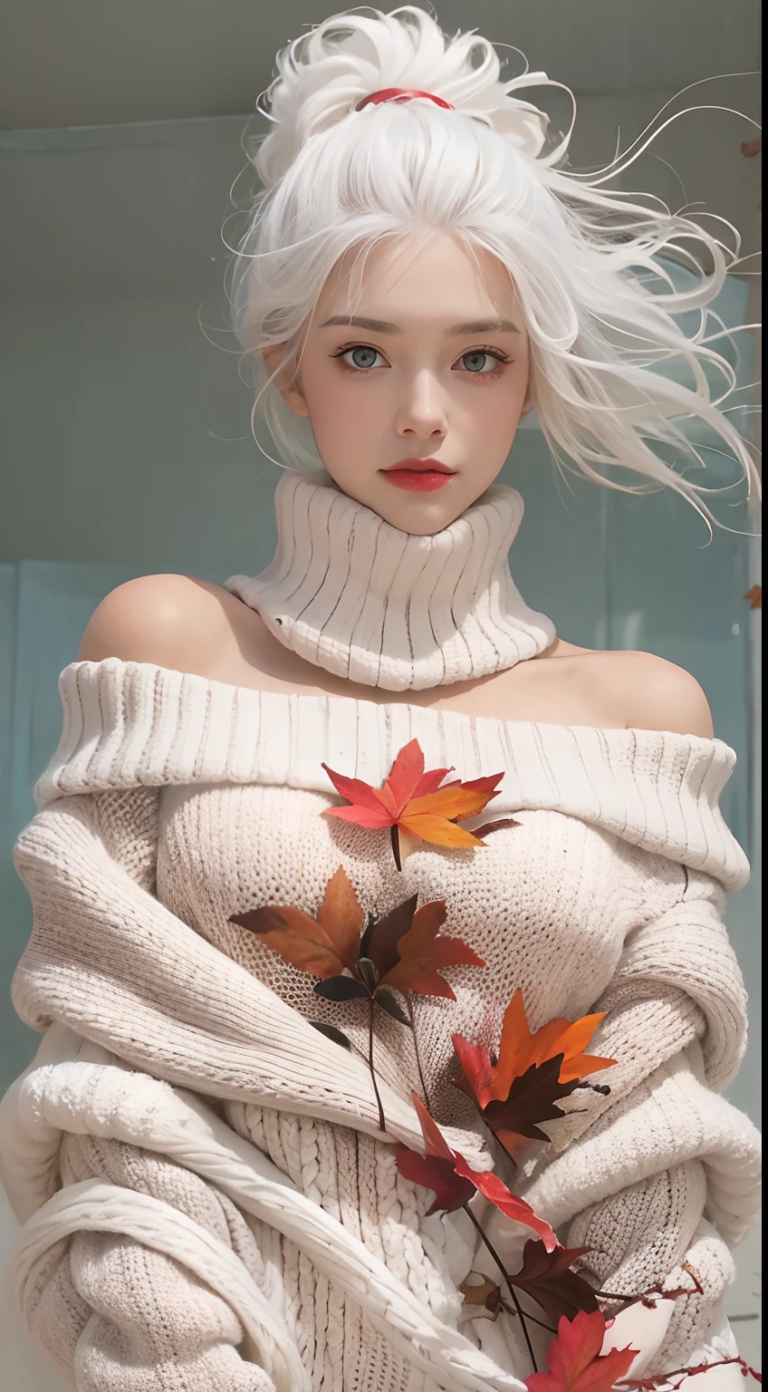Medium Shot Shot, A beautiful woman looks at the camera, White hair, Chris Foss autumn off-the-shoulder sweater