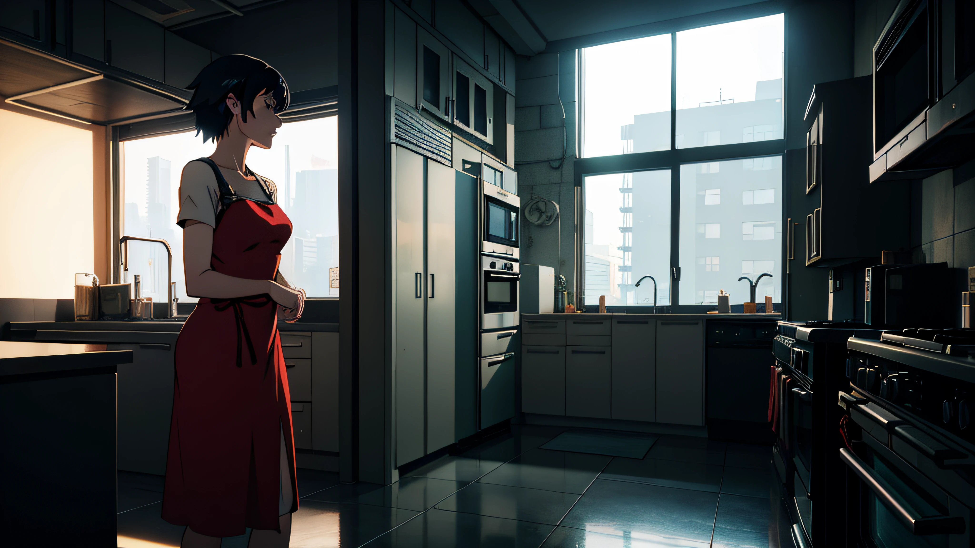 a kitchen with a sink and a large window, octane render. by makoto shinkai, dystopian city apartment, akihiko yoshida. unreal engine, cyberpunk apartment, the cyberpunk apartment, bladerunner apartment, makoto shinkai. octane render, studio glibly makoto shinkai, photorrealistic concept art, style of makoto shinkai, red dress, long hair, no face