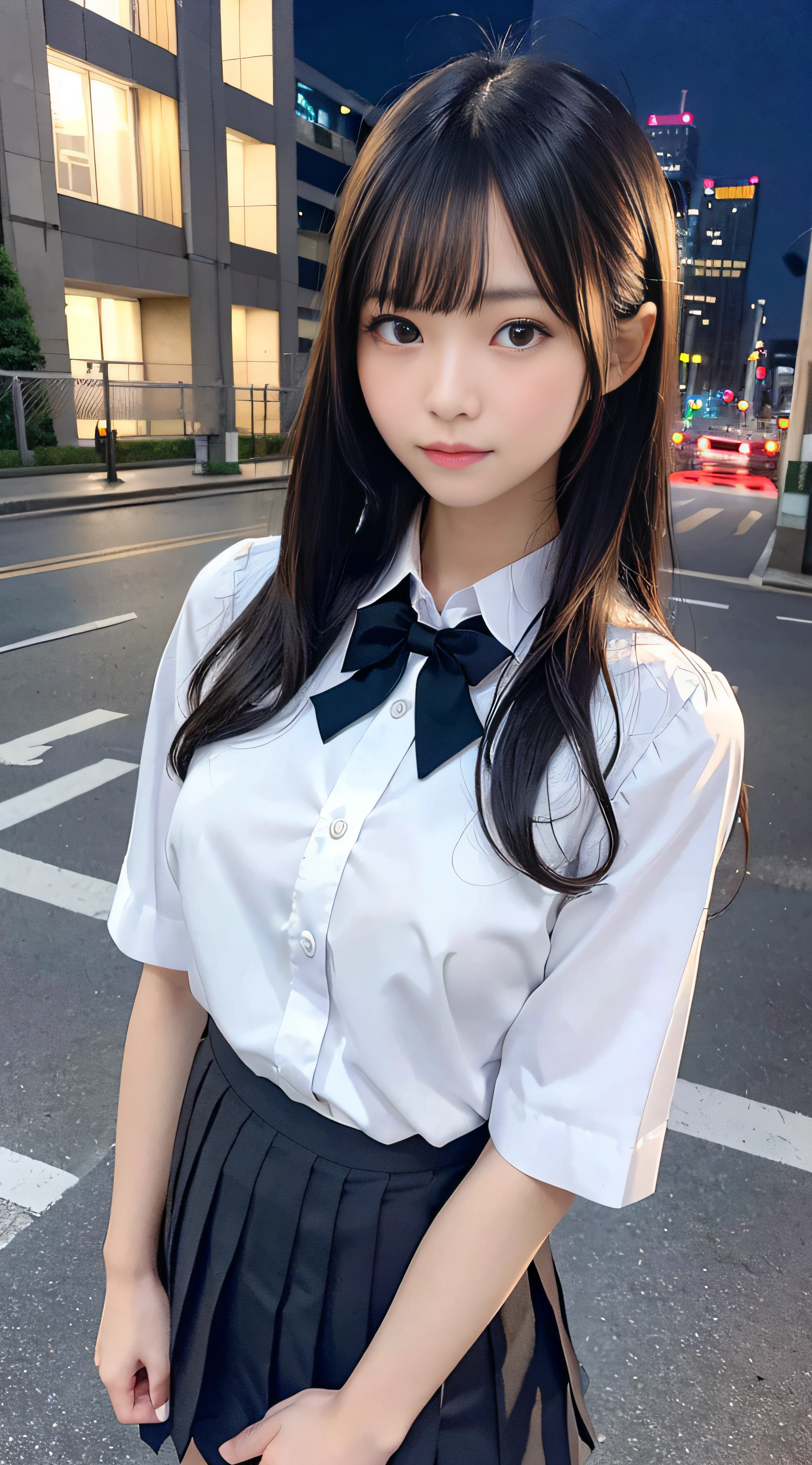 (masterpiece, best quality:1.4), 8k, , official art, raw photo, absurdres, (close up face:1.4), (white dress shirt:1.2), school uniform, violaceaess,  gardeniass, delicate girl, short sleeve, from above, (navy pleated skirt:1.2), teenuthful, street, looking at viewer, arch back, no makeup, bow tie, film grain, chromatic aberration, sharp focus, facelight, dynamic lighting, cinematic lighting, detailed eyes and face, bokeh background