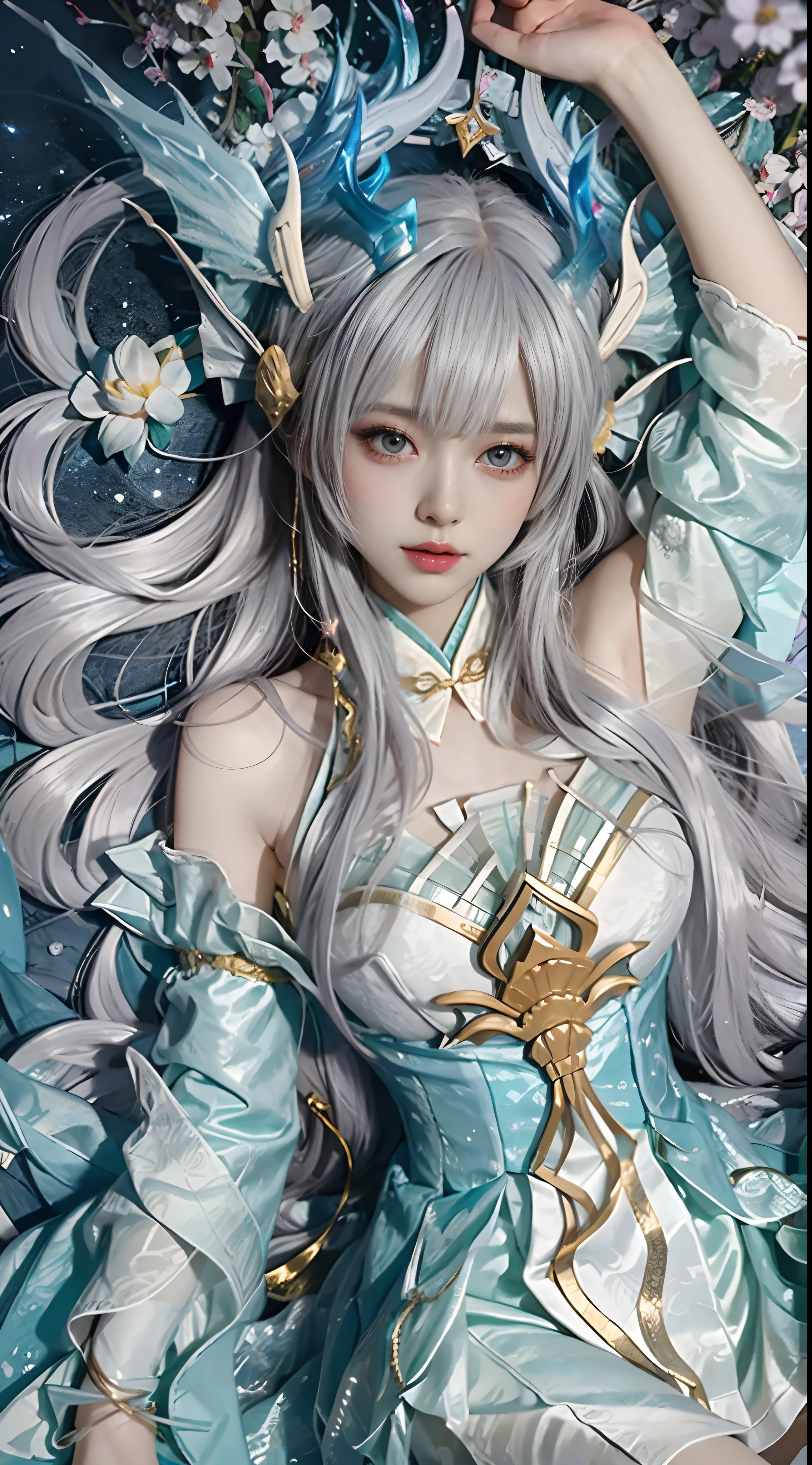 Beautiful celestial mage，Amazing young ethereal characters，shaxi，A flowing magic robe，White Hanfu，xianxia fantasy，Beauty Delfin，Ethereal fantasy，Elegant and charming cosplay，((Lie flat on the ground))，((Top-down view))，Feminine and colorful，It's tumultuous，nighttime scene，Lots of neon