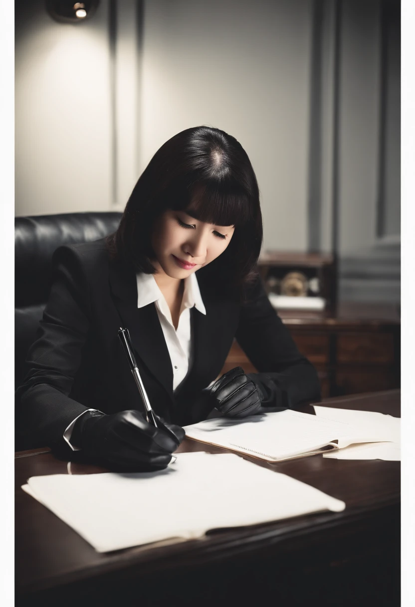 Wearing black leather gloves in both hands, upper body, black business suit, facing the desk in the modern study in the dark, looking down, smiling, writing a letter using a fountain pen, long, straight black hair, young and cute face Japanese female new employee (black leather gloves cover both hands)
